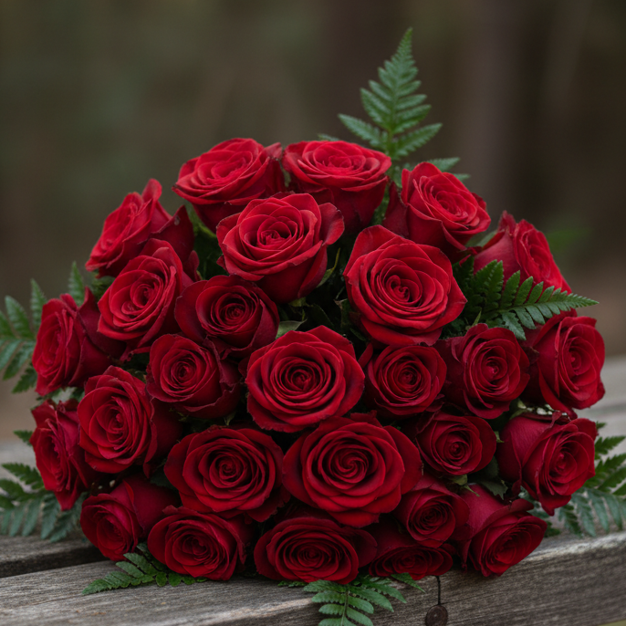 A dense bouquet of deep red roses with green fern accents, arranged on a weathered wooden bench in an outdoor forest setting.