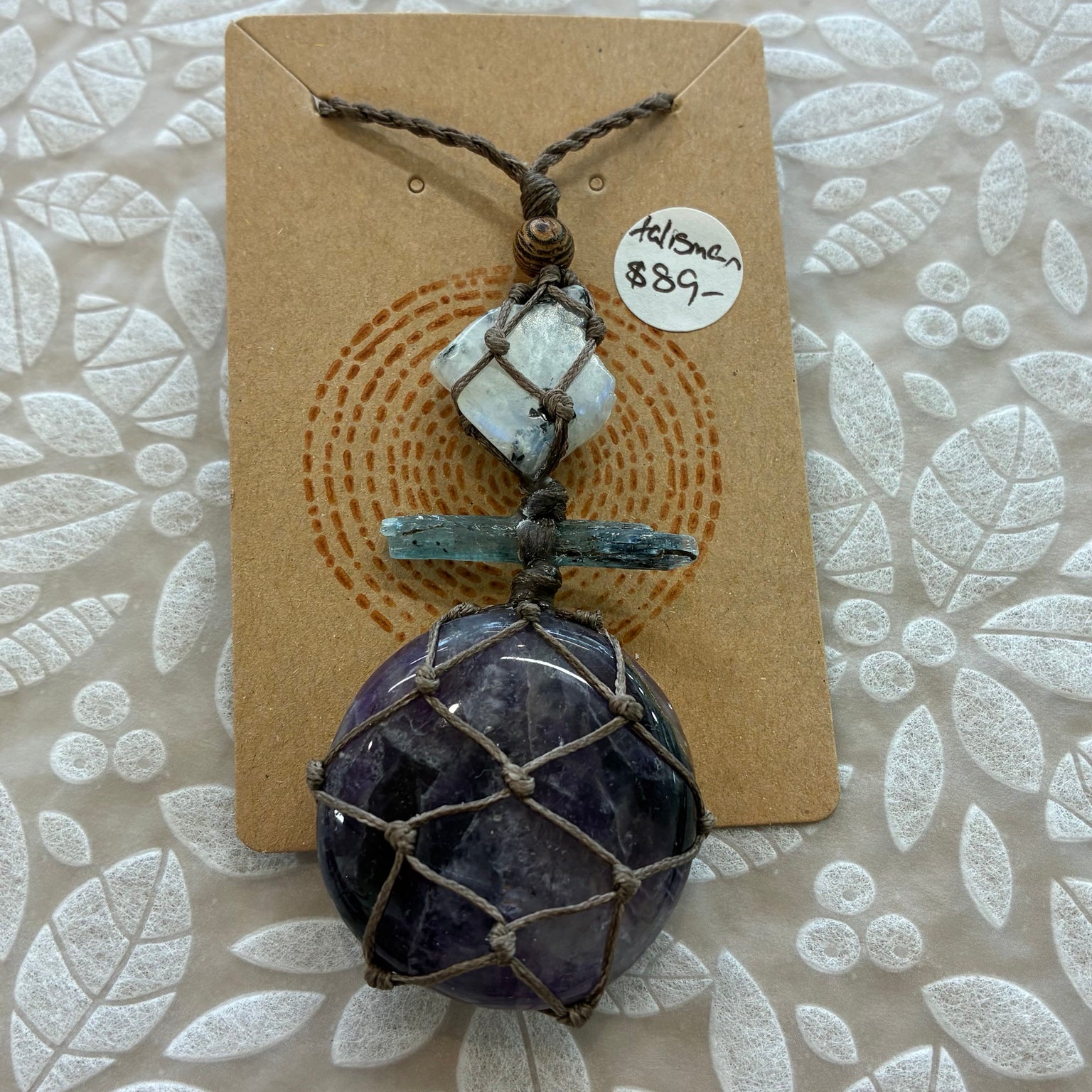 Rainbow Moonstone, Aqua Kyanite & Chevron Amethyst Talisman Leather Necklace – Intuition, Calm & Spiritual Protection