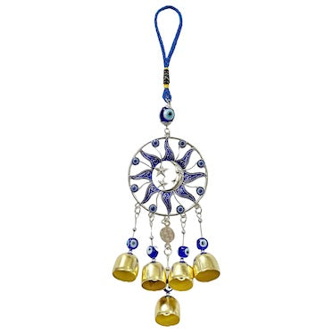 Blue Eye / Evil Eye Sun Moon w/ Bells Metal Hanging