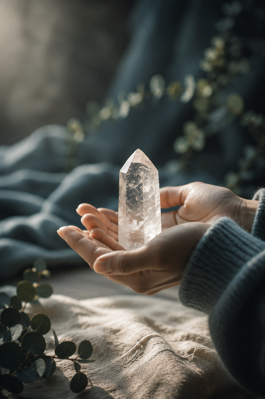 A hand holding a clear quartz point crystal showing how to cleanse and activate crystals.