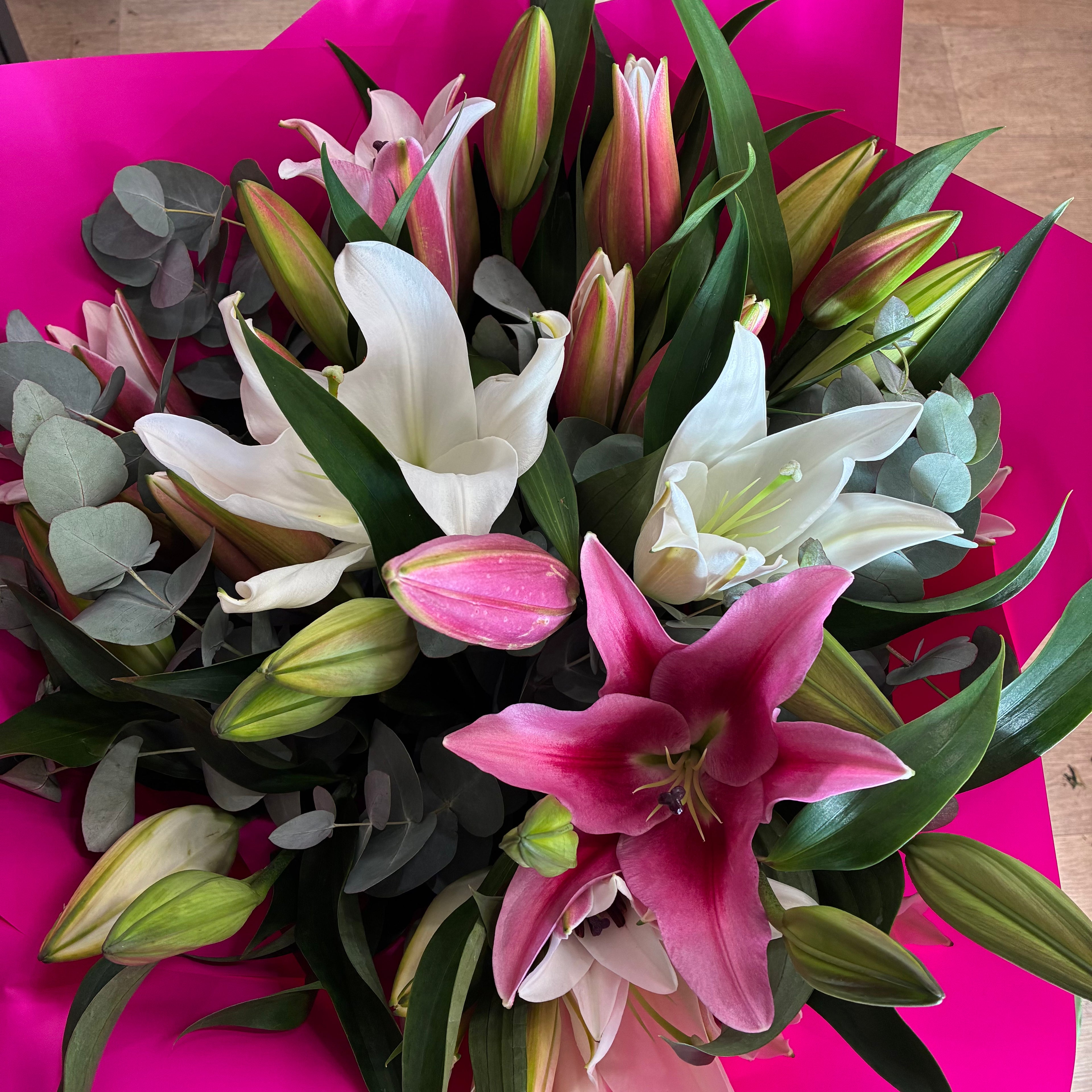Deluxe bouquet of pink and white lilies from My Florist Launceston