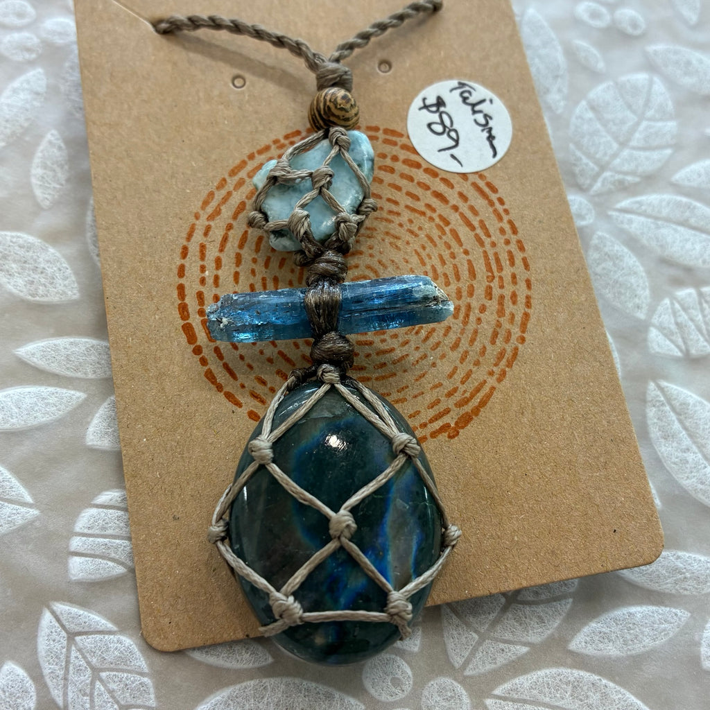 Labradorite, Ocean Kyanite & Larimar Talisman Leather Necklace – Insight, Expression & Calm Protection