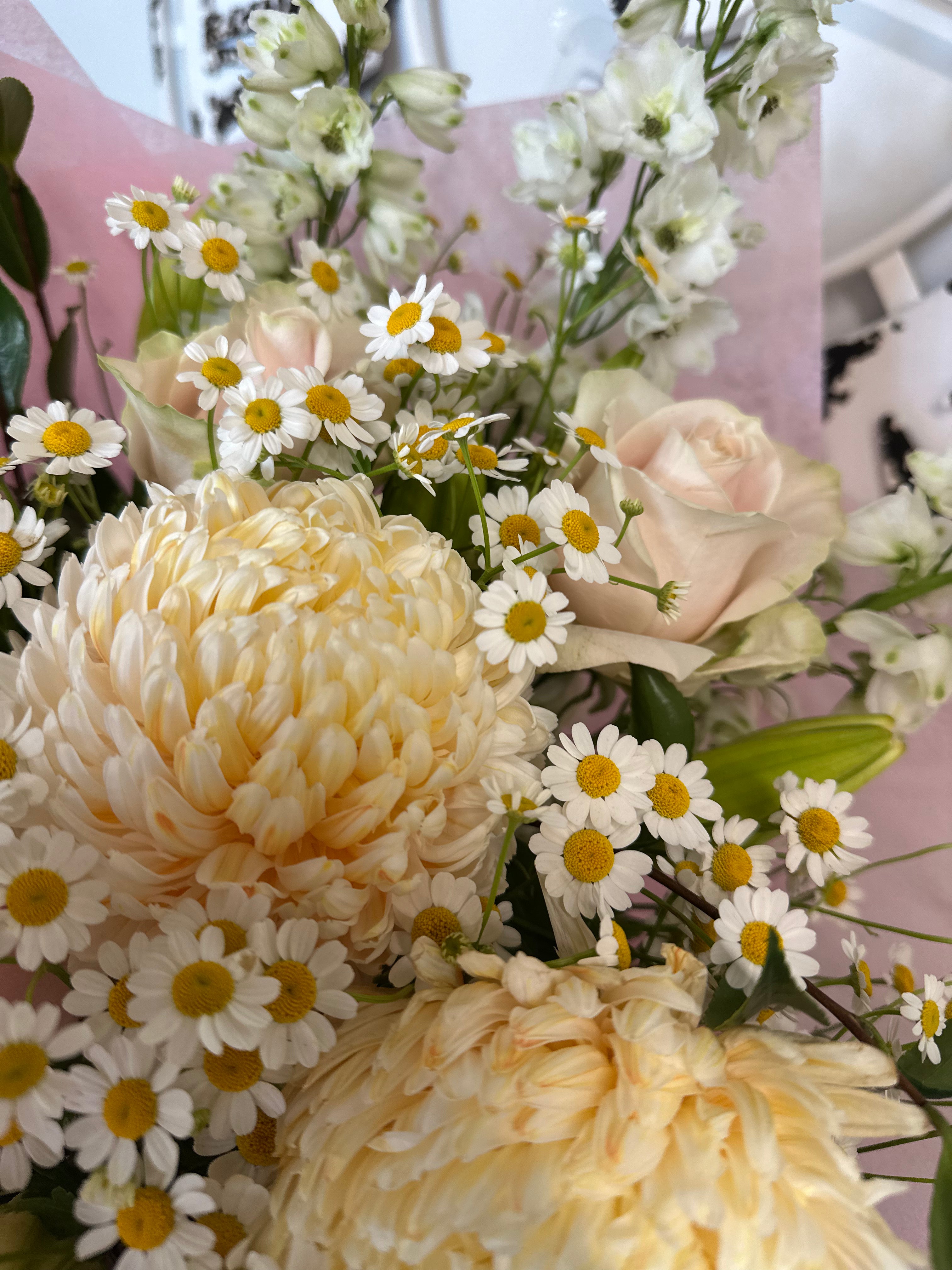 Bouquet of flowers with white and yellow flowers, apricot roses and disbuds with green leaves on a pink background at Launceston florist