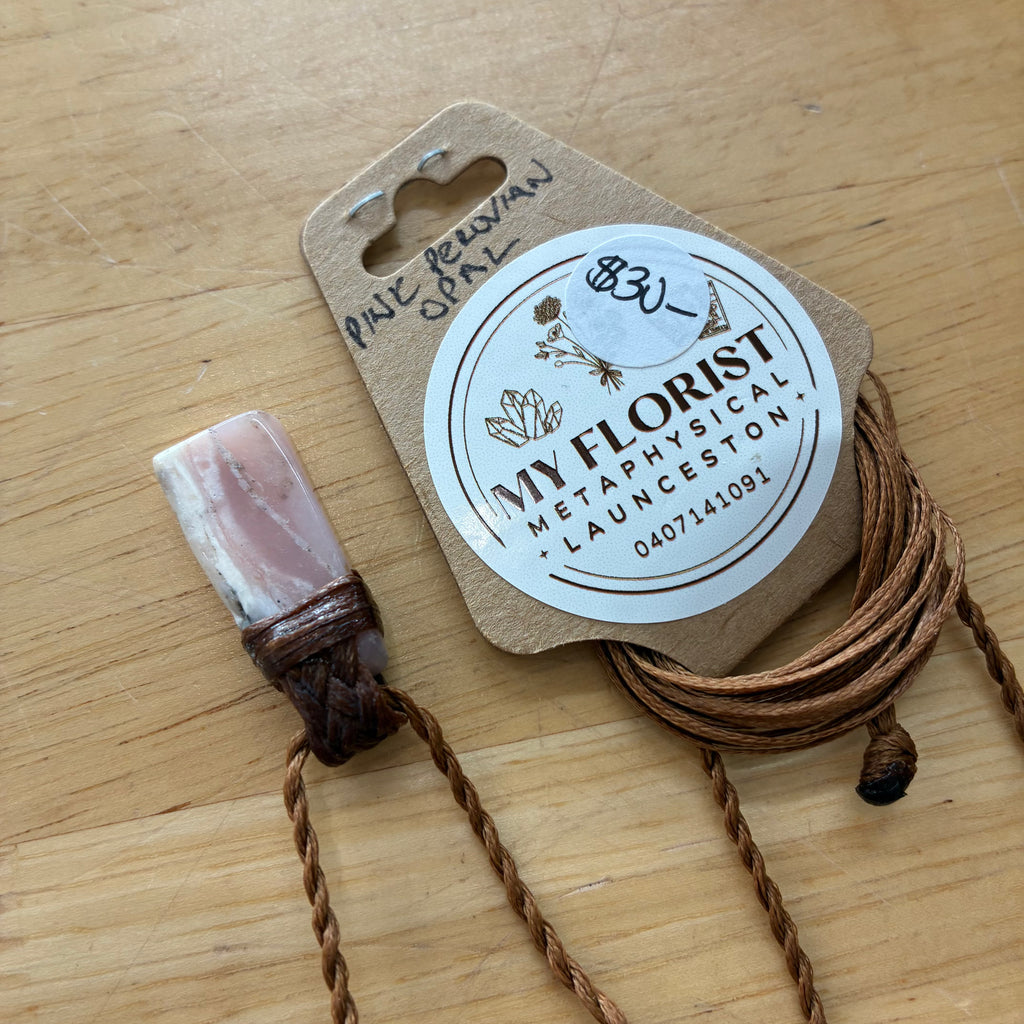 Pink Peruvian Opal Leather Necklace - Peace