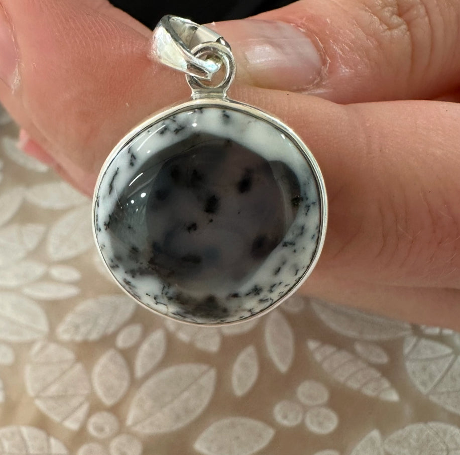 Dendritic Opal Round Pendant Necklace: 925 Sterling Silver