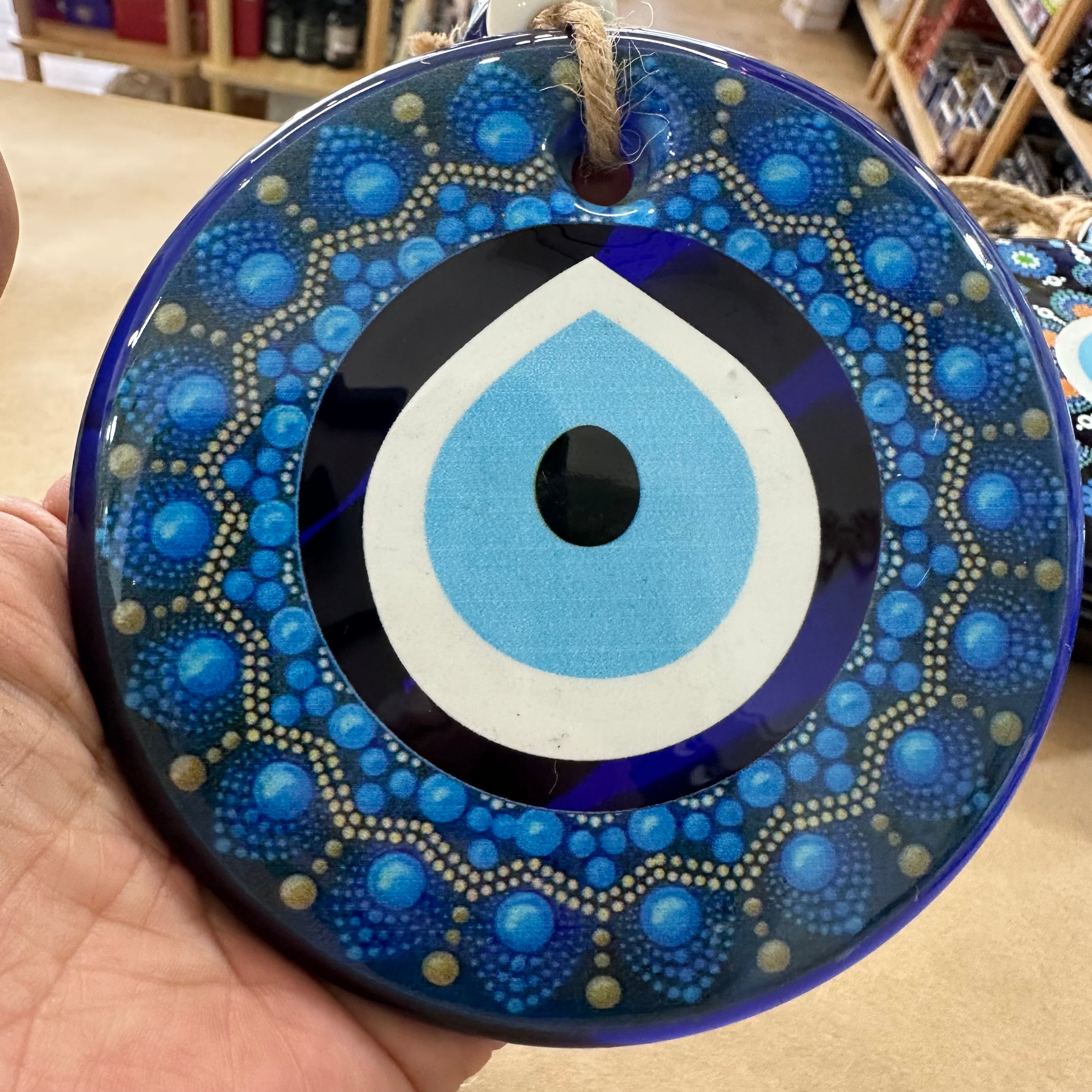 Large Round Glass Evil Eye Hanging - Turkish Nazar Beads with Jute Rope