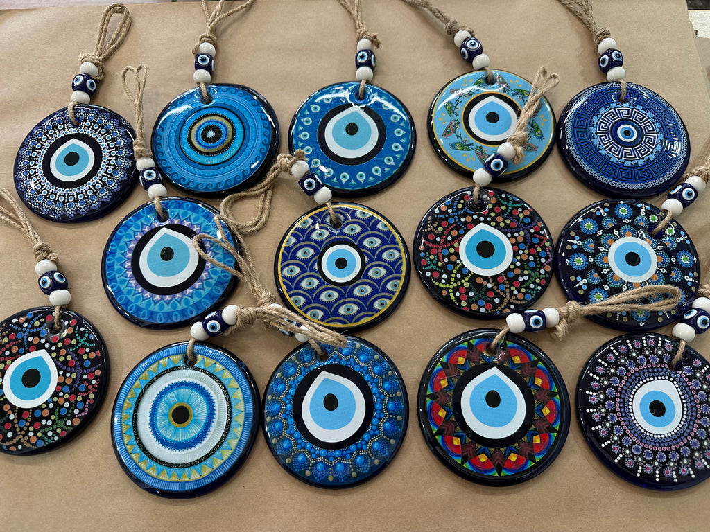 Large Round Glass Evil Eye Hanging - Turkish Nazar Beads with Jute Rope
