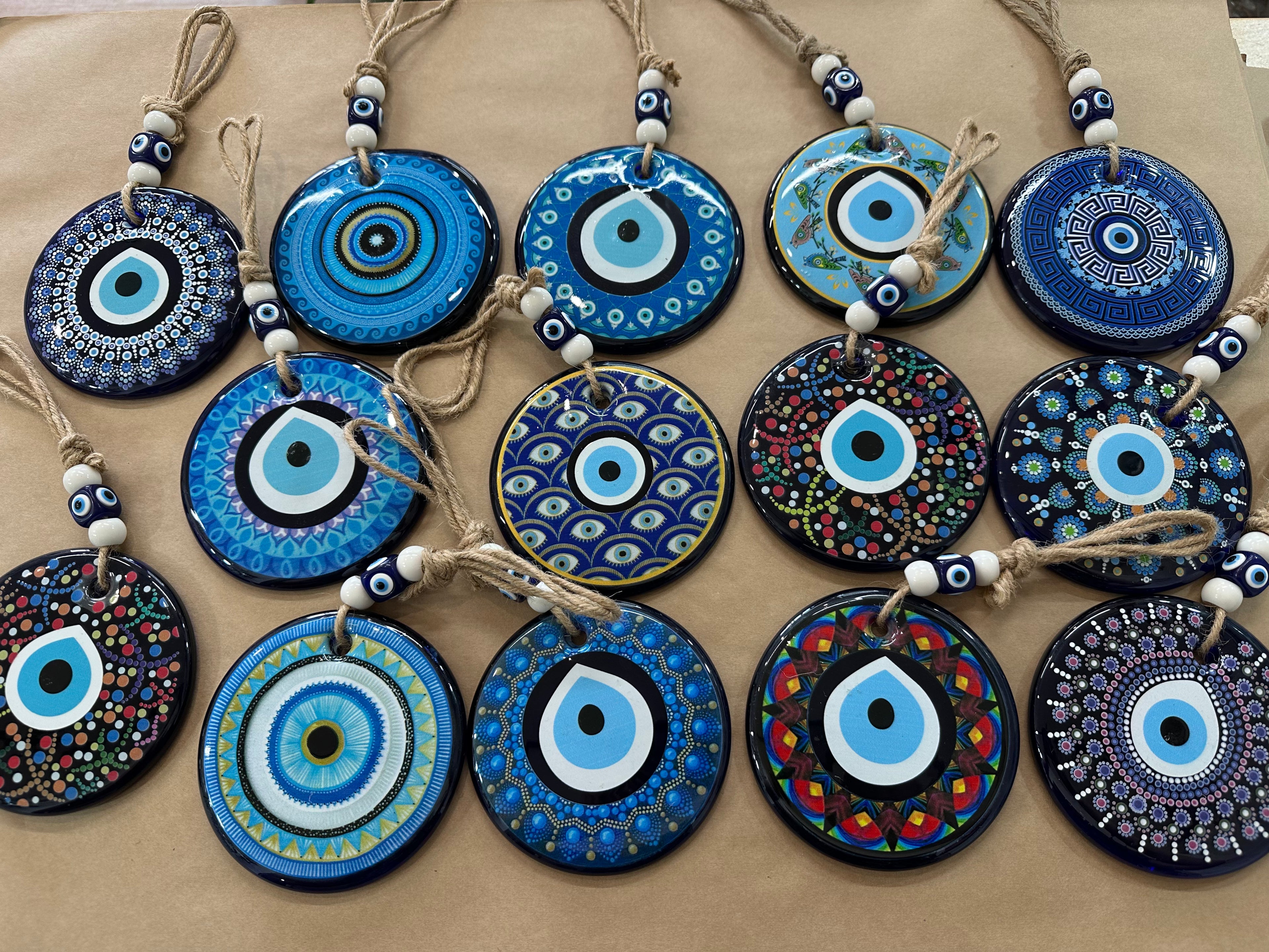 Large Round Glass Evil Eye Hanging - Turkish Nazar Beads with Jute Rope