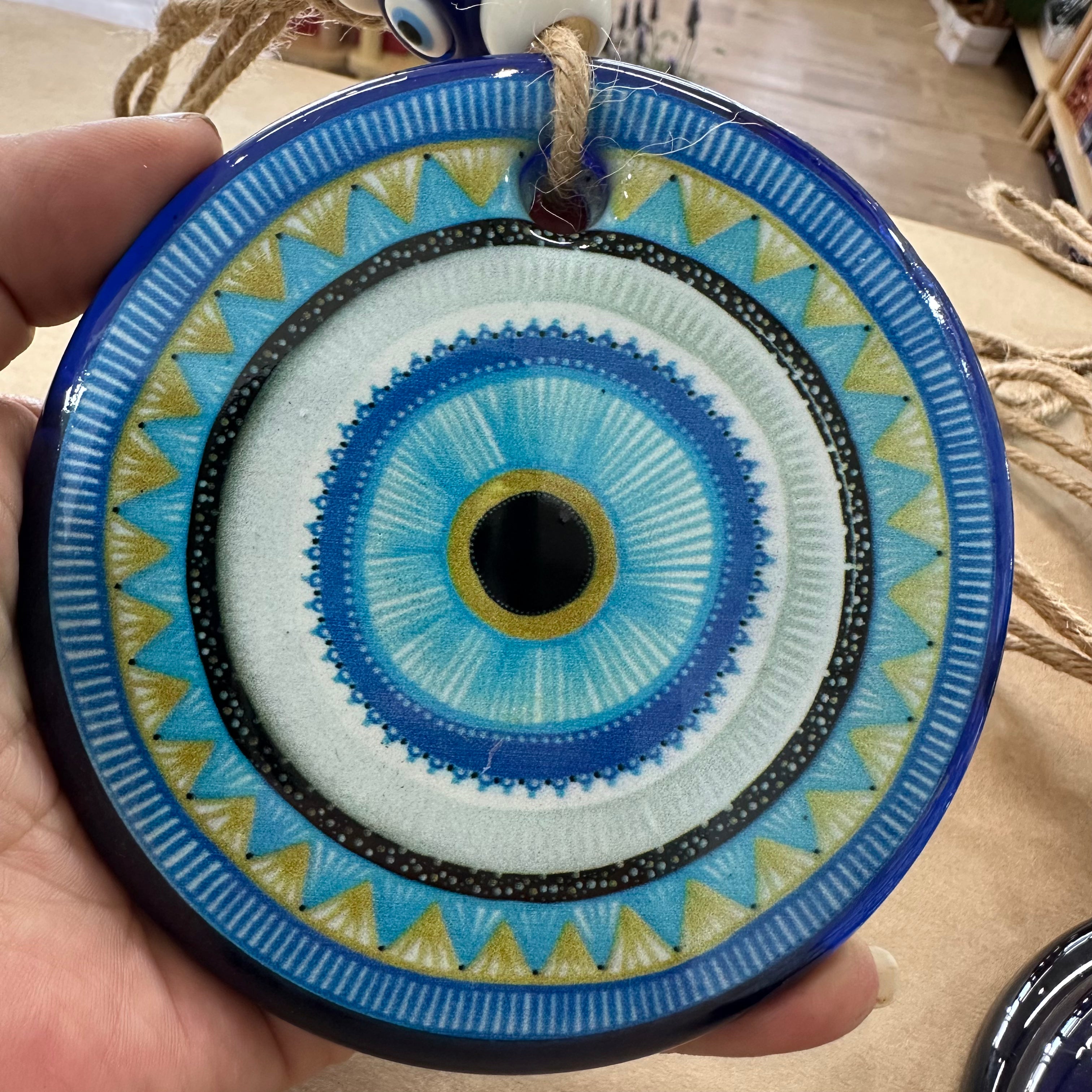 Large Round Glass Evil Eye Hanging - Turkish Nazar Beads with Jute Rope