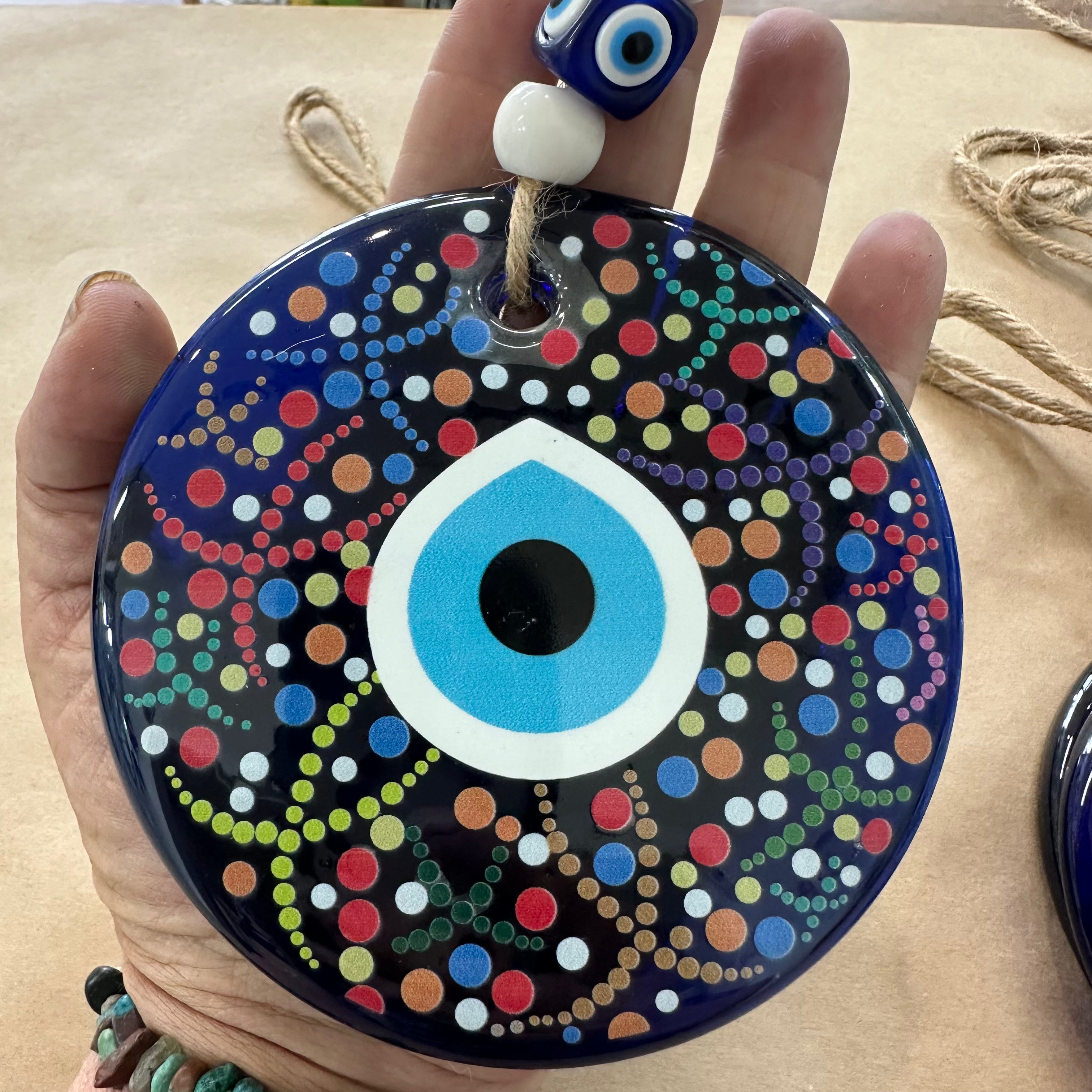 Large Round Glass Evil Eye Hanging - Turkish Nazar Beads with Jute Rope