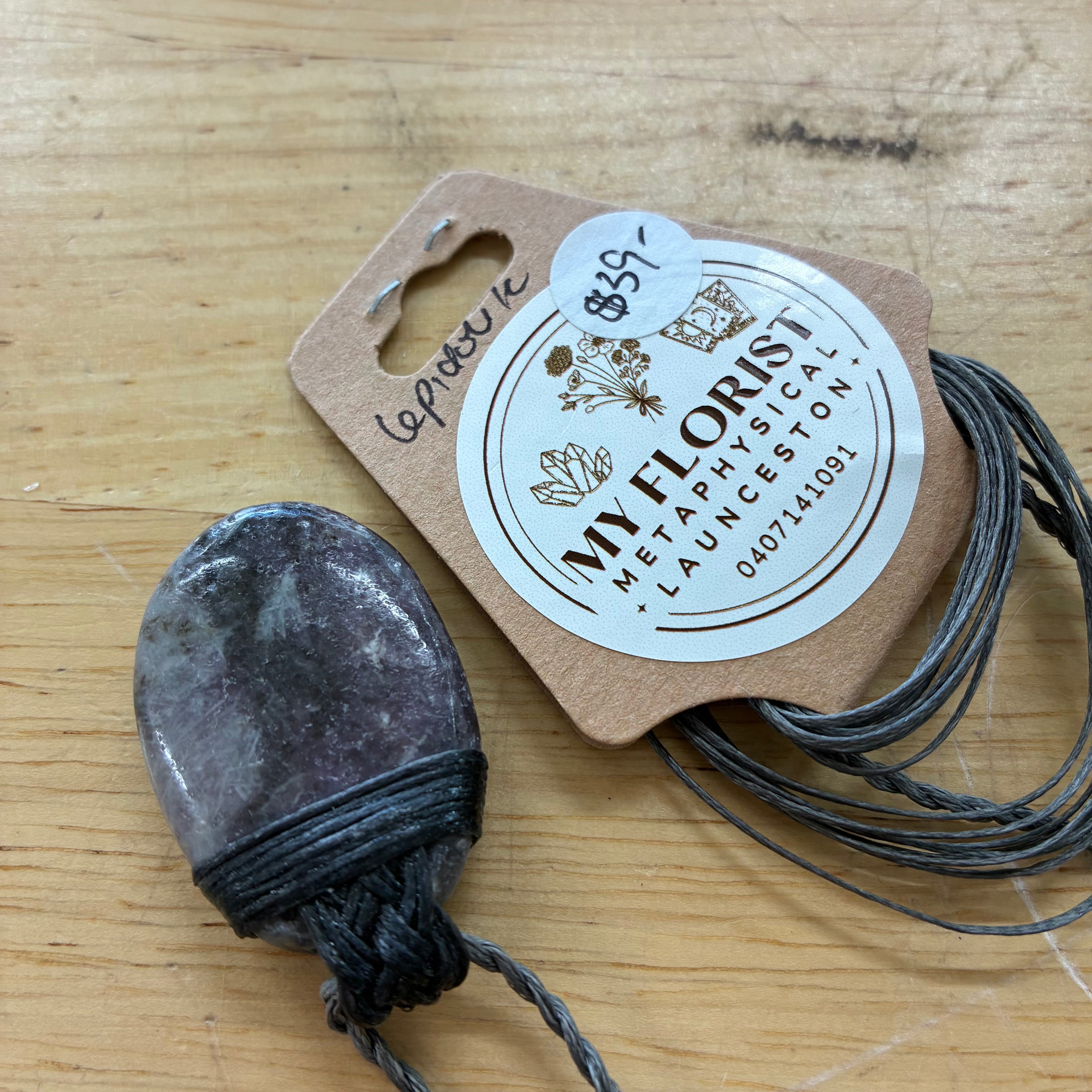 Lepidolite Oval Leather Necklace - Peace