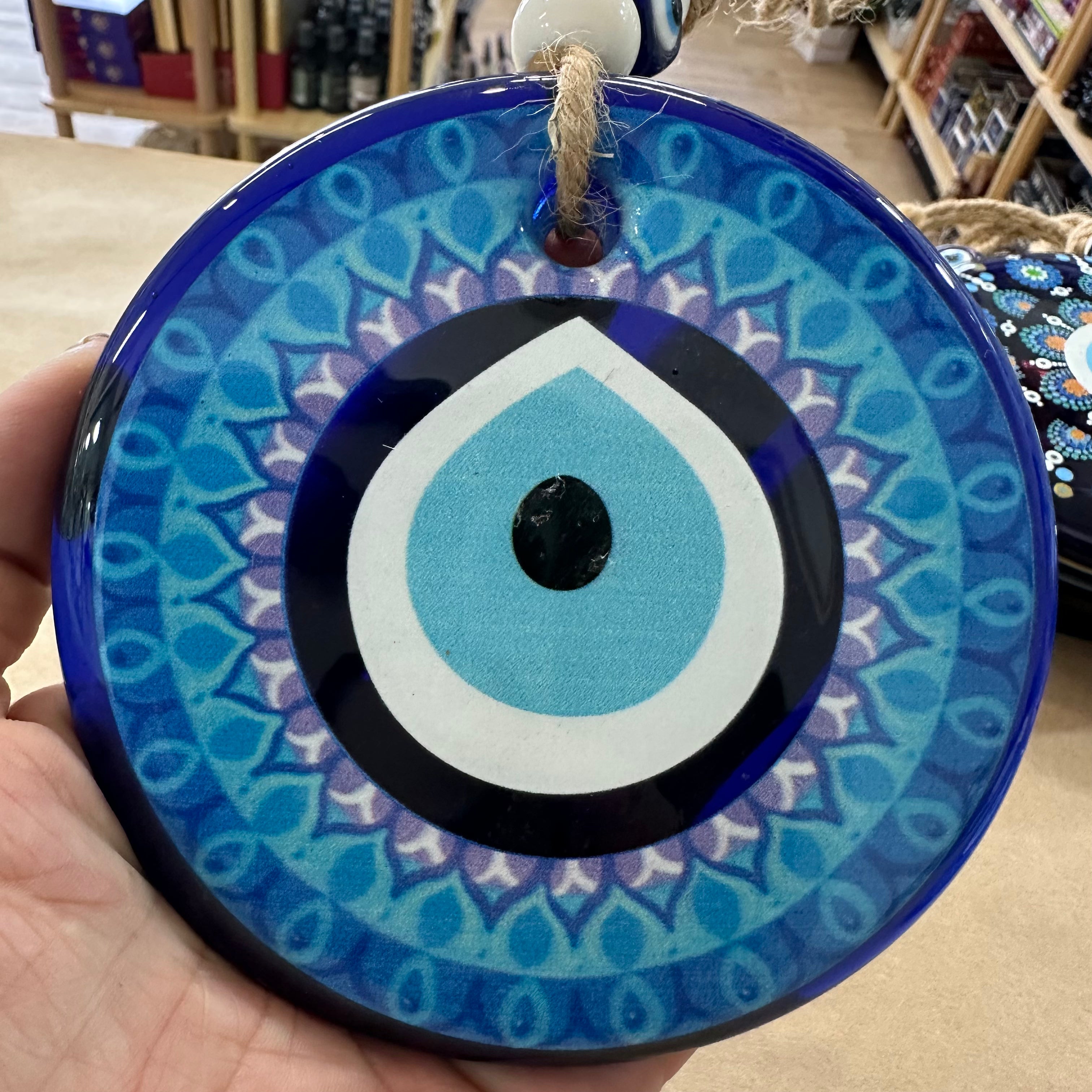 Large Round Glass Evil Eye Hanging - Turkish Nazar Beads with Jute Rope