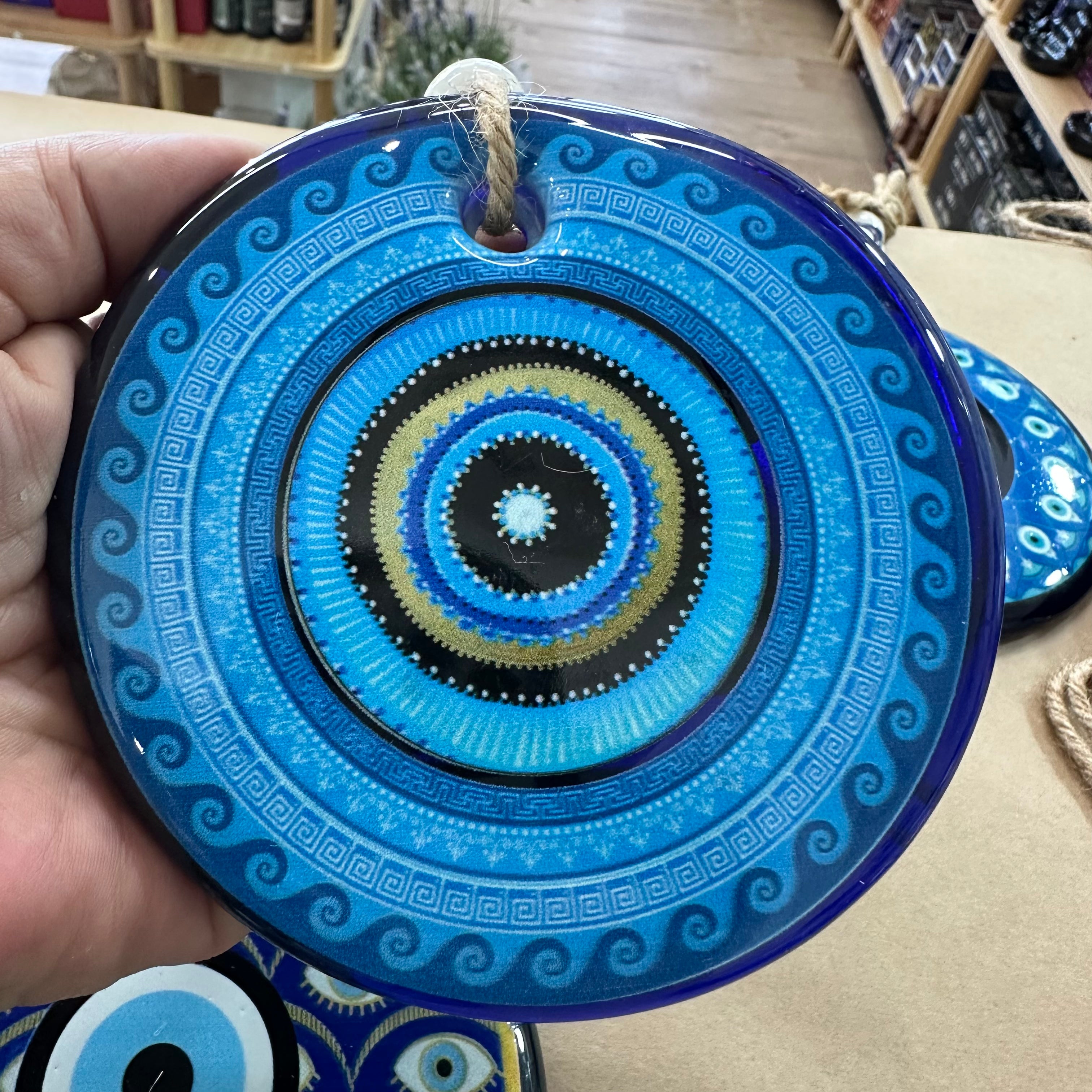 Large Round Glass Evil Eye Hanging - Turkish Nazar Beads with Jute Rope