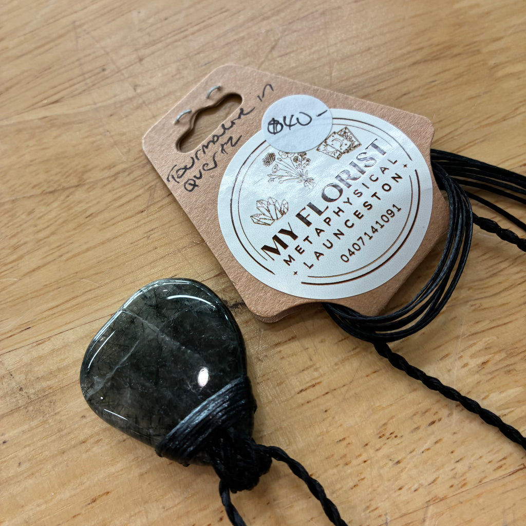 Tourmaline in Quartz Leather Necklace - Protection