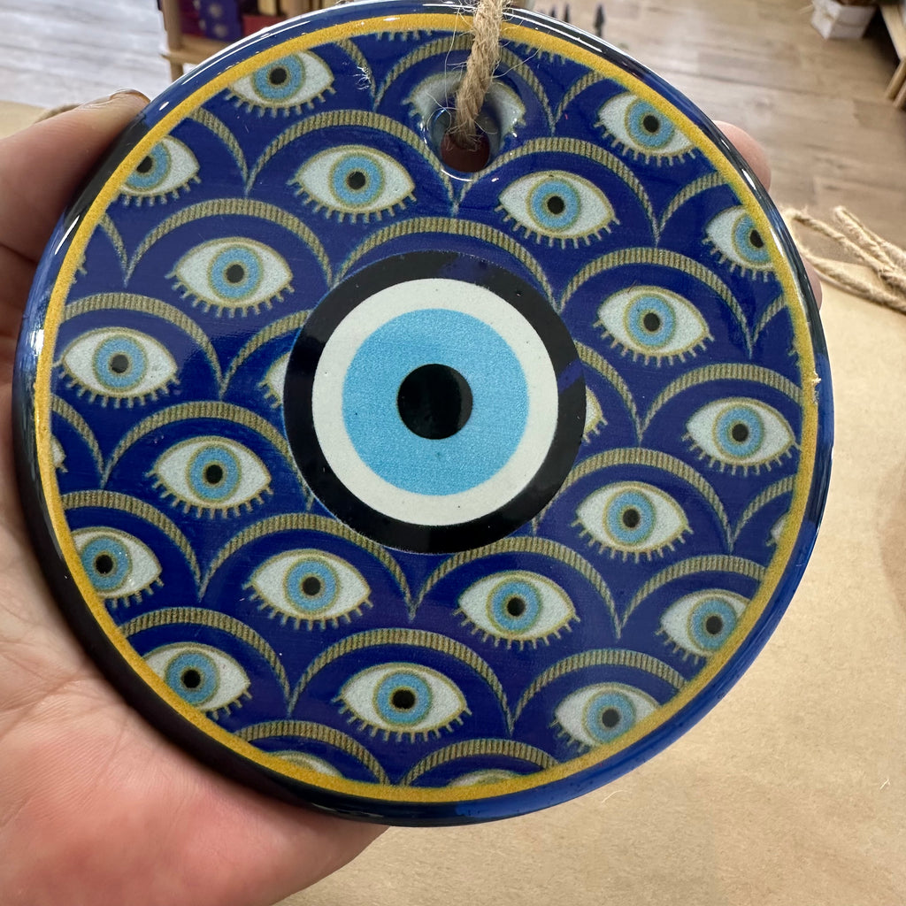 Large Round Glass Evil Eye Hanging - Turkish Nazar Beads with Jute Rope