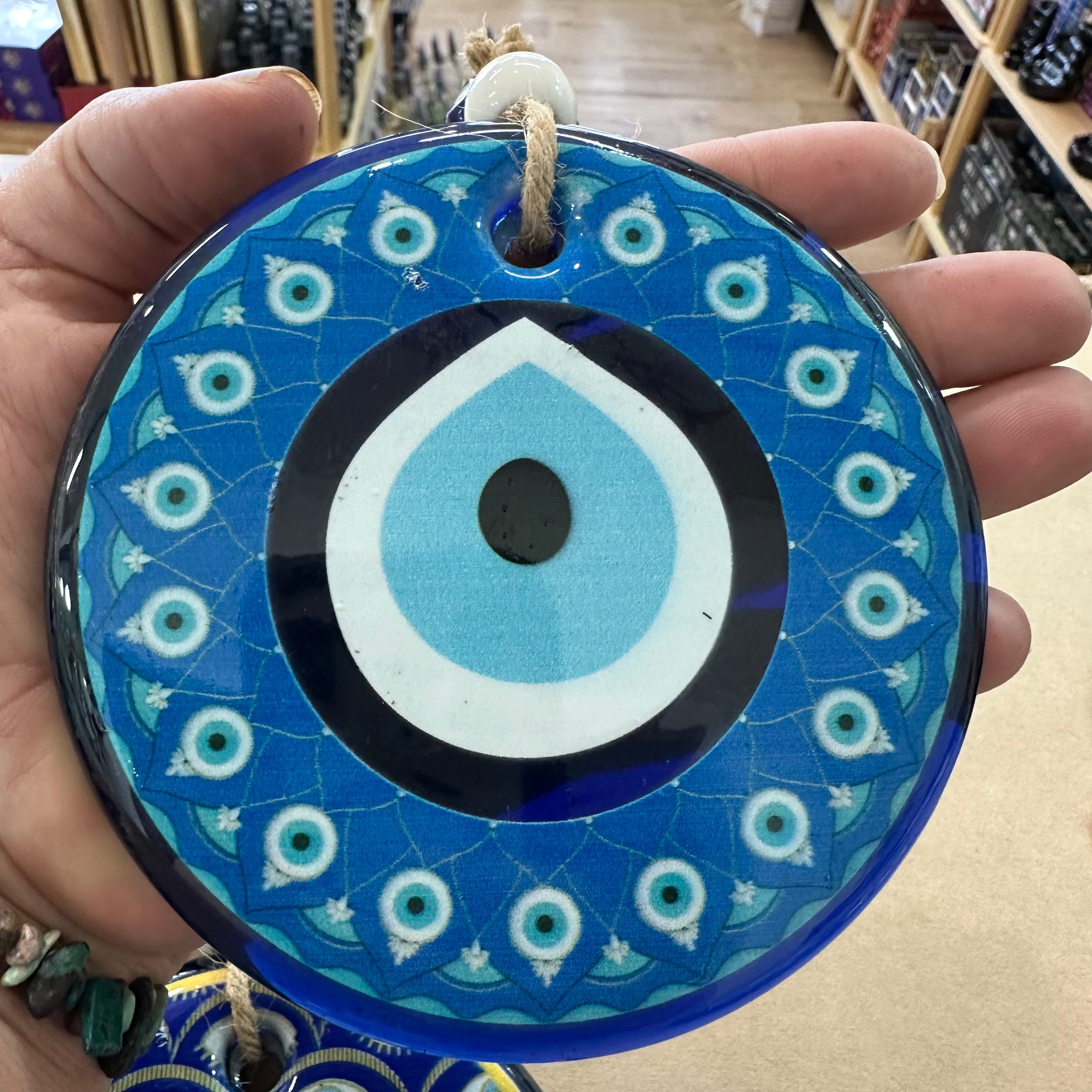 Large Round Glass Evil Eye Hanging - Turkish Nazar Beads with Jute Rope
