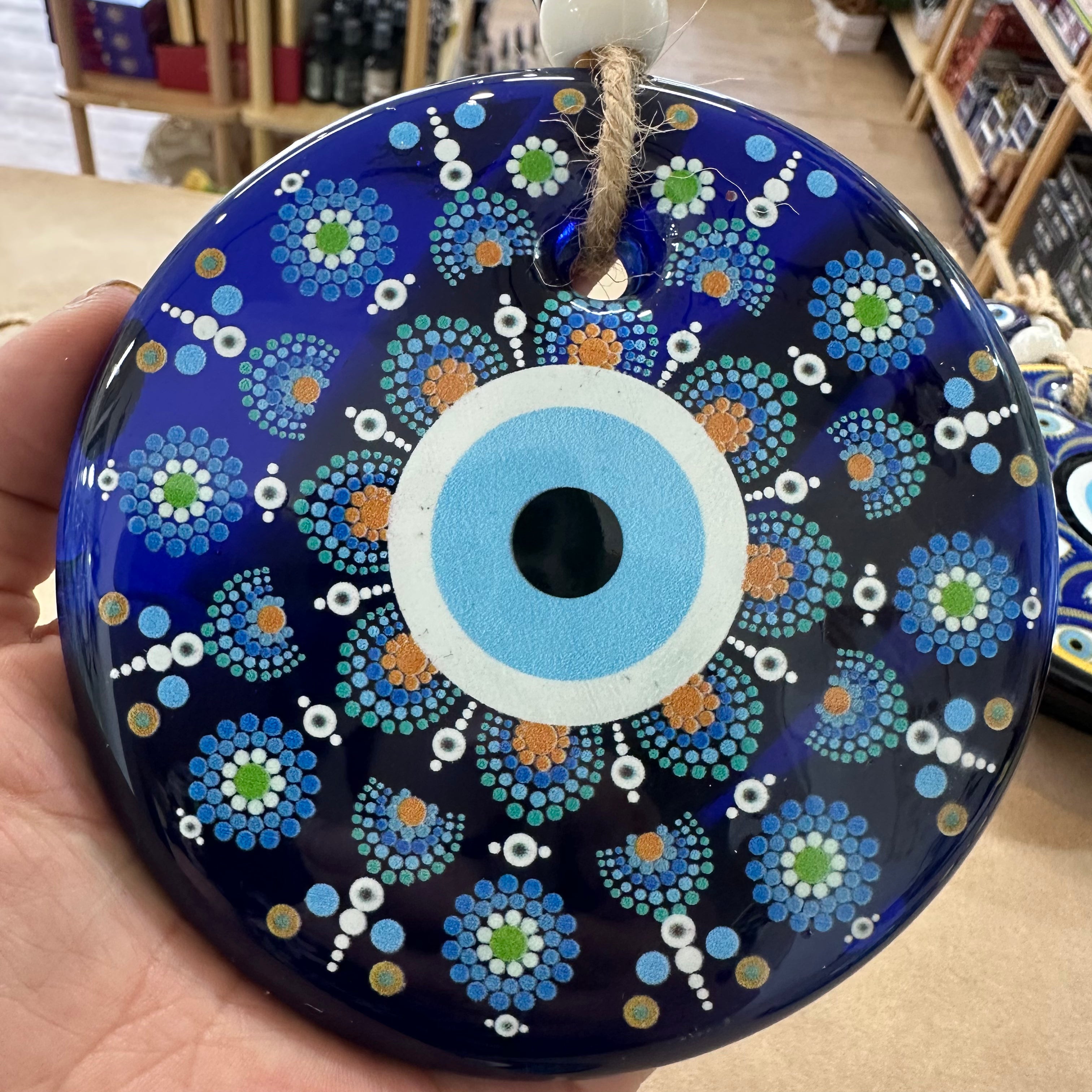 Large Round Glass Evil Eye Hanging - Turkish Nazar Beads with Jute Rope