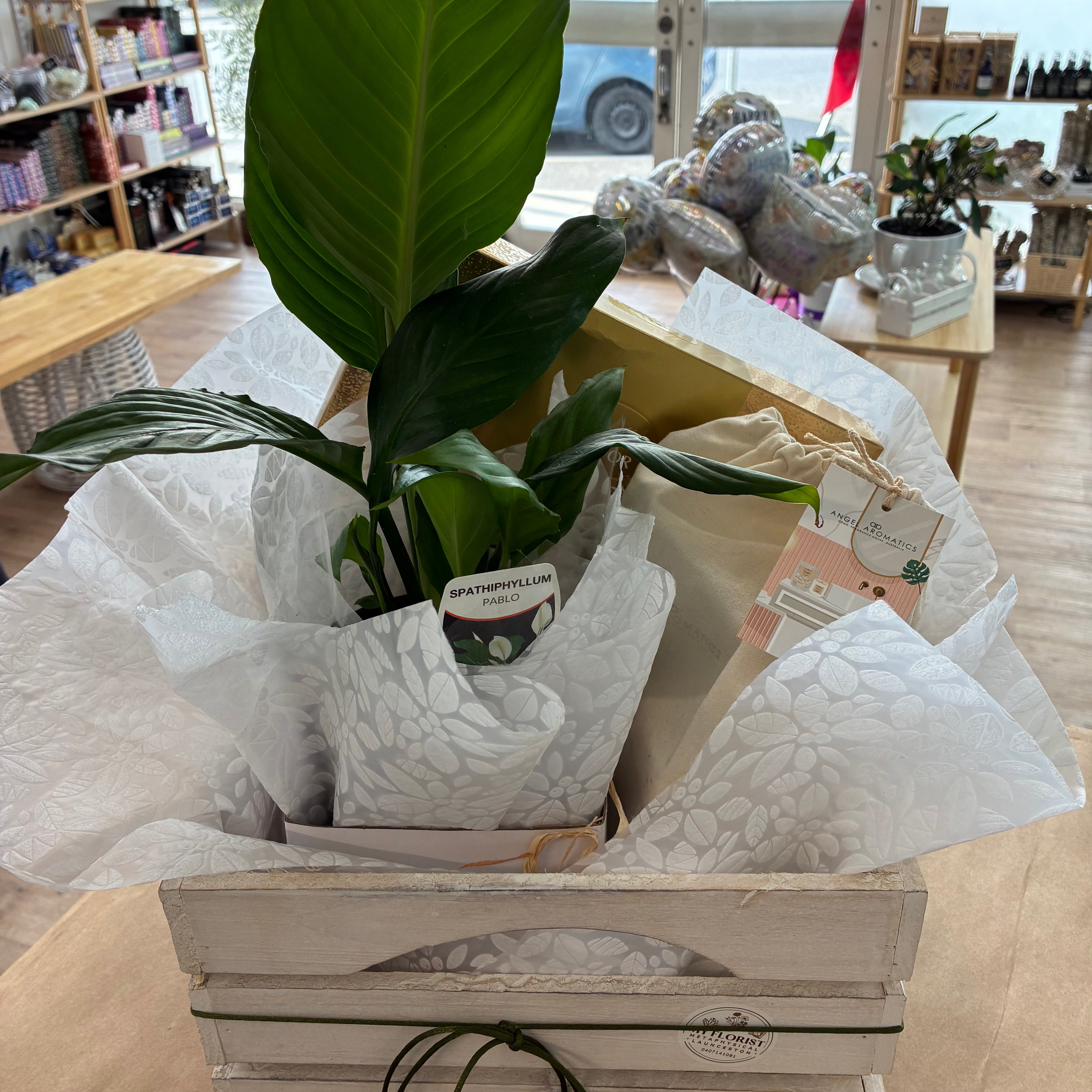 Wooden Crate Indoor Plant with Body Scrub & Candle & Lindor Hamper