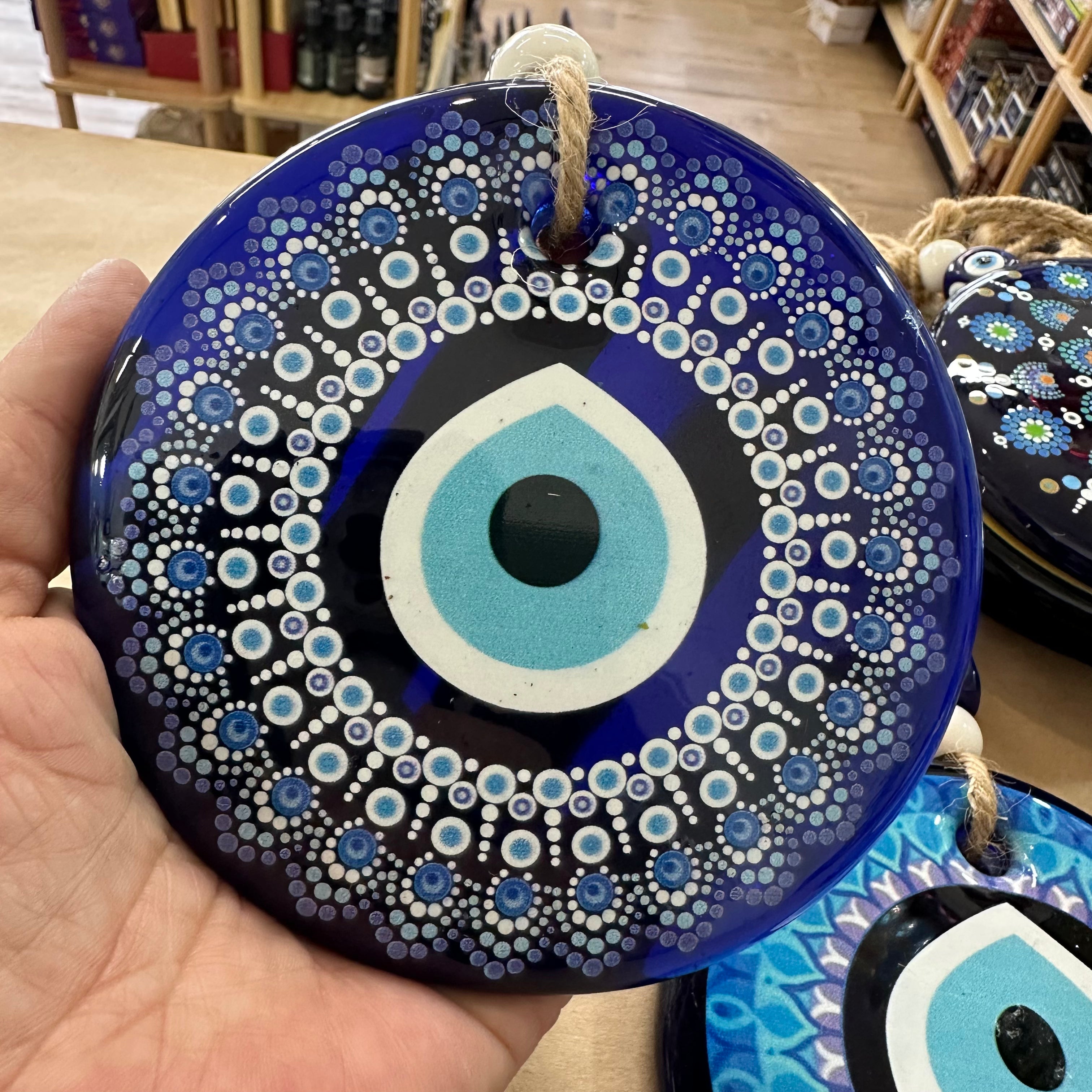 Large Round Glass Evil Eye Hanging - Turkish Nazar Beads with Jute Rope
