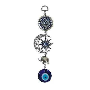 Blue Eye / Evil Eye Sun Moon w/ Elephant Metal Hanging