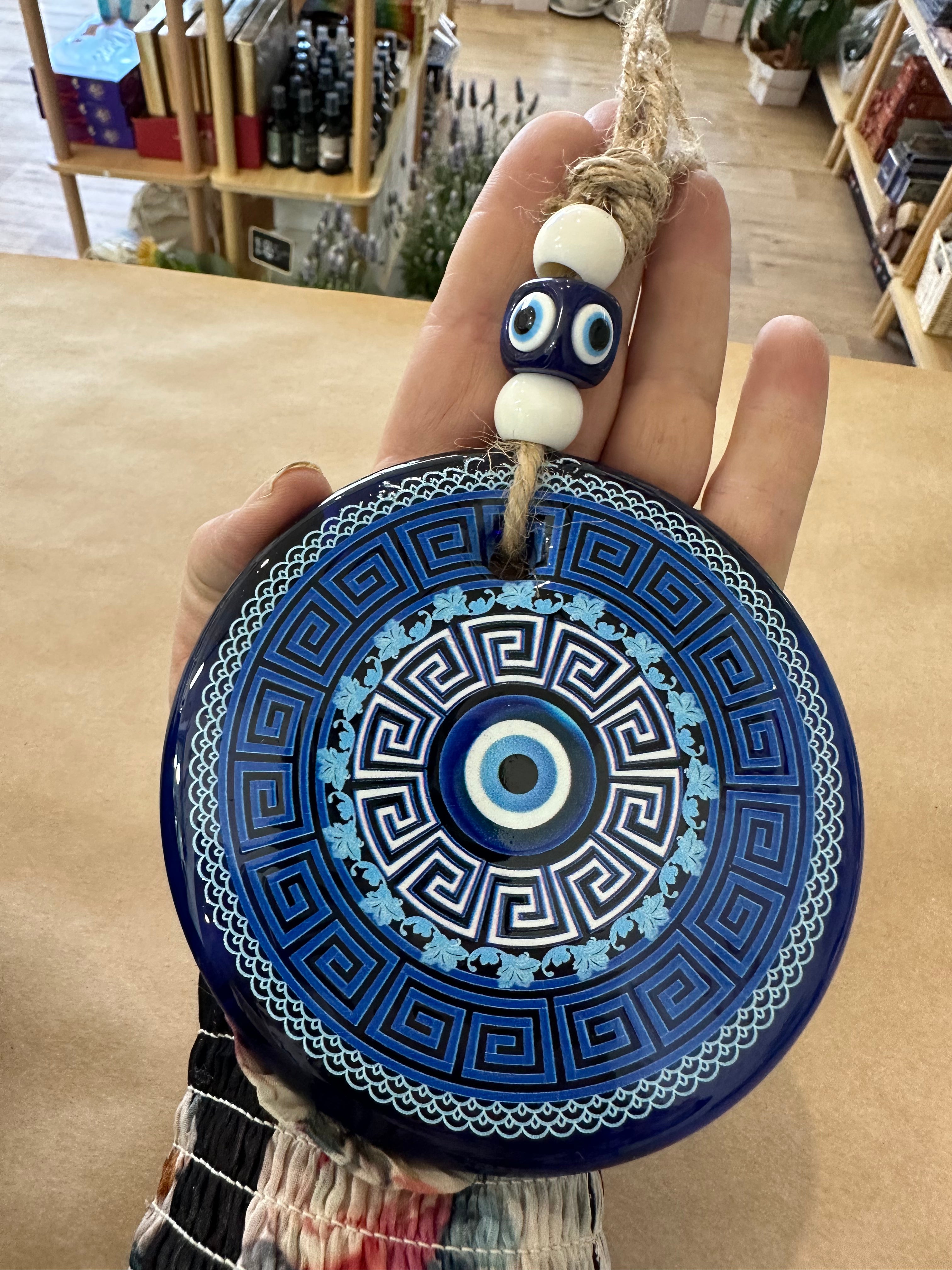 Large Round Glass Evil Eye Hanging - Turkish Nazar Beads with Jute Rope