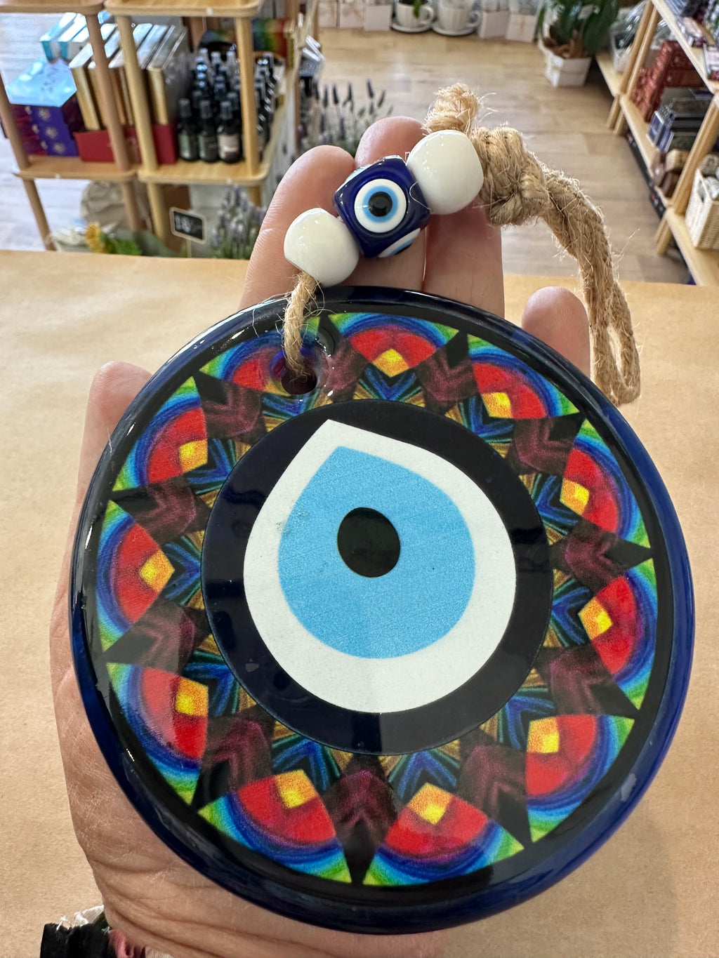 Large Round Glass Evil Eye Hanging - Turkish Nazar Beads with Jute Rope
