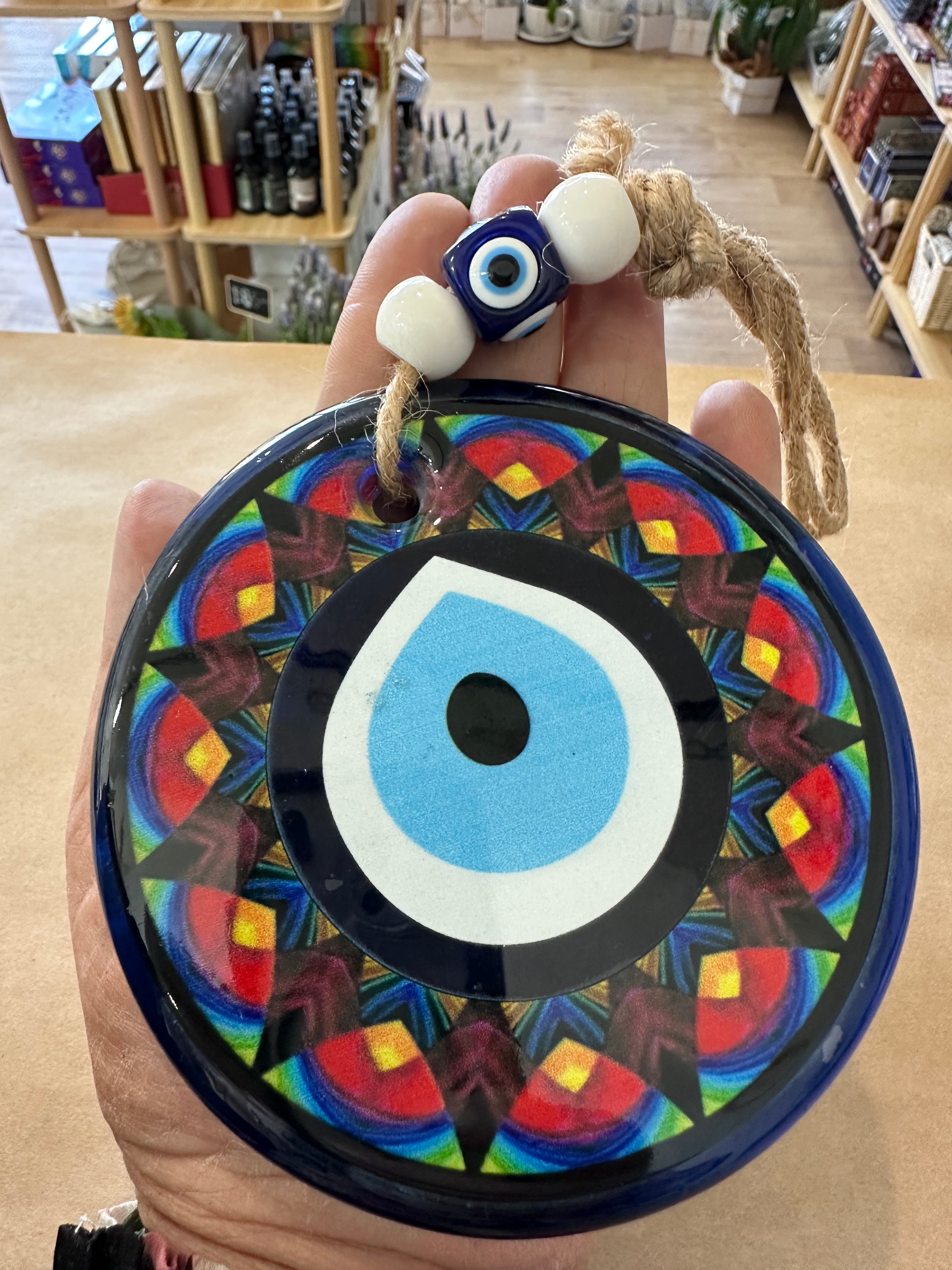 Large Round Glass Evil Eye Hanging - Turkish Nazar Beads with Jute Rope