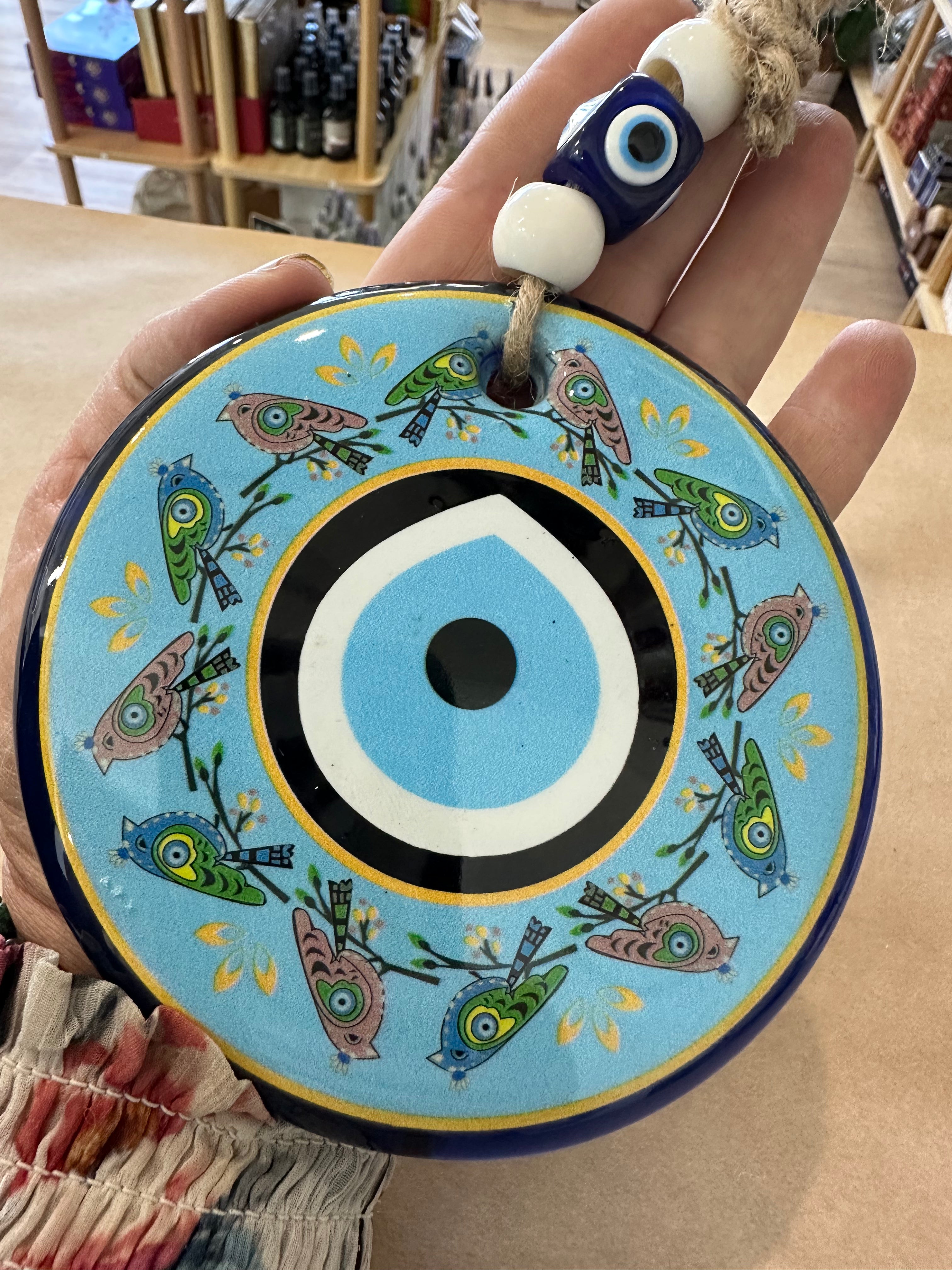 Large Round Glass Evil Eye Hanging - Turkish Nazar Beads with Jute Rope