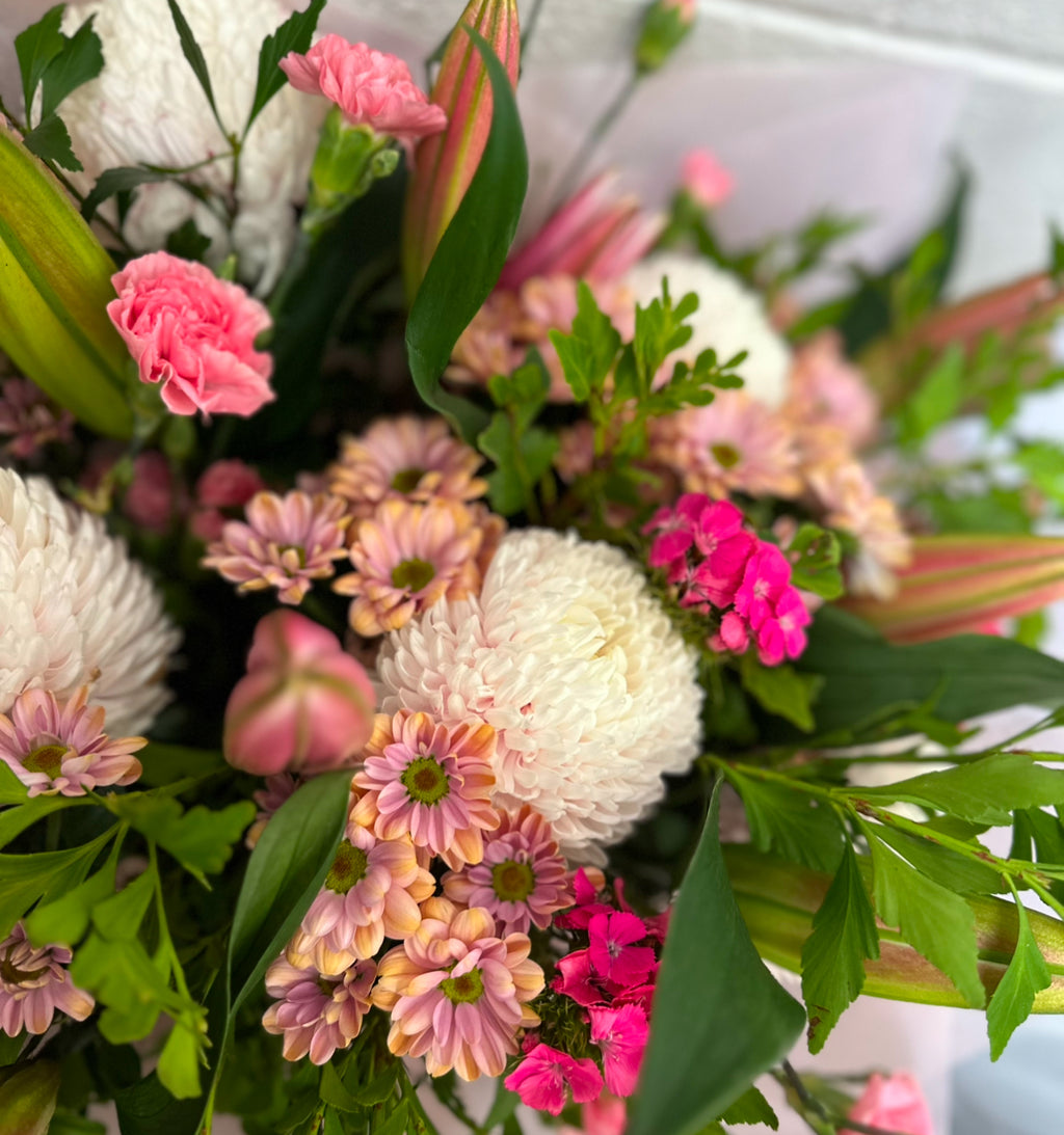 Seasonal pastel flower bouquet with fresh green foliage at My Florist Launceston