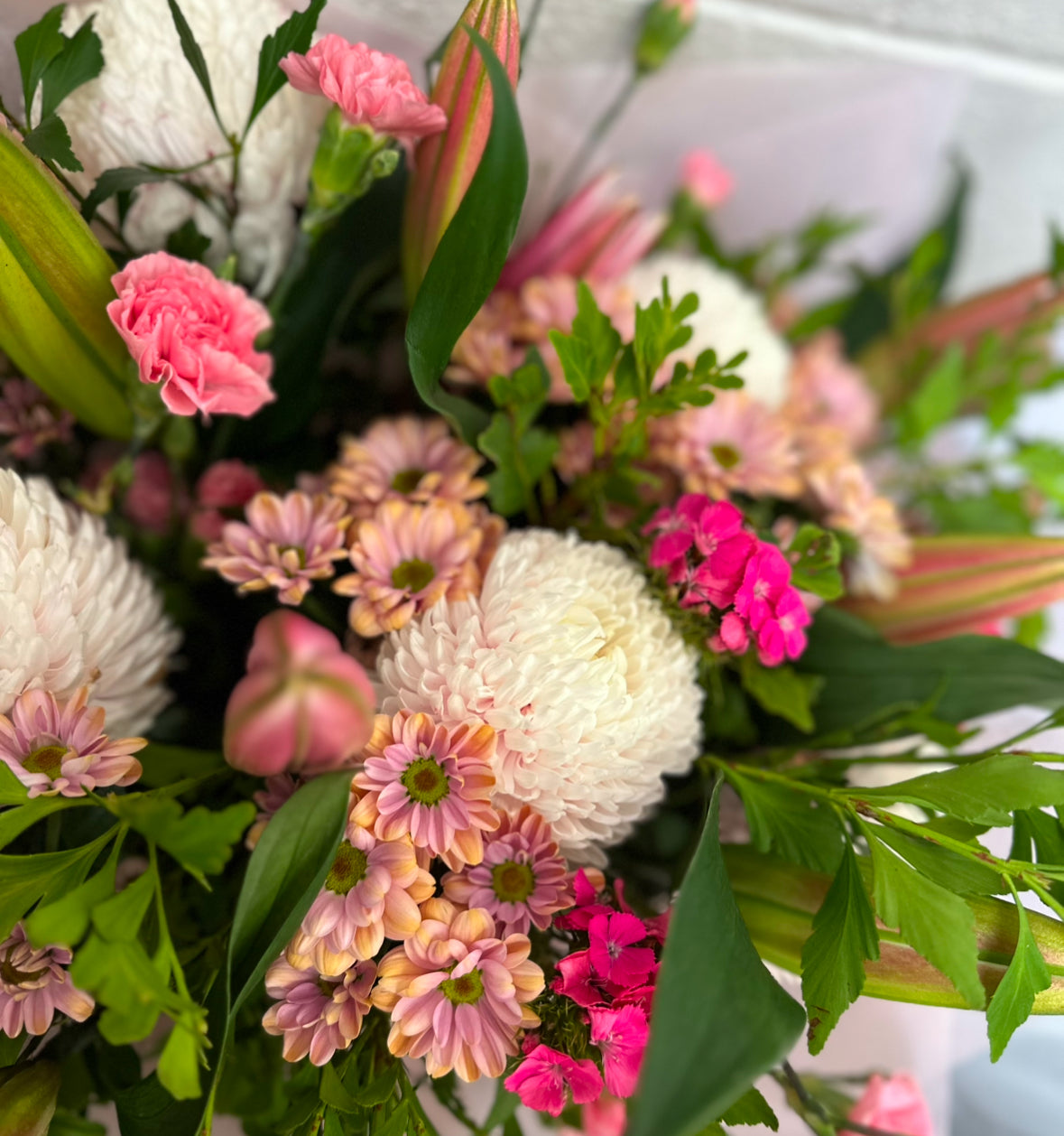 Seasonal pastel flower bouquet with fresh green foliage at My Florist Launceston