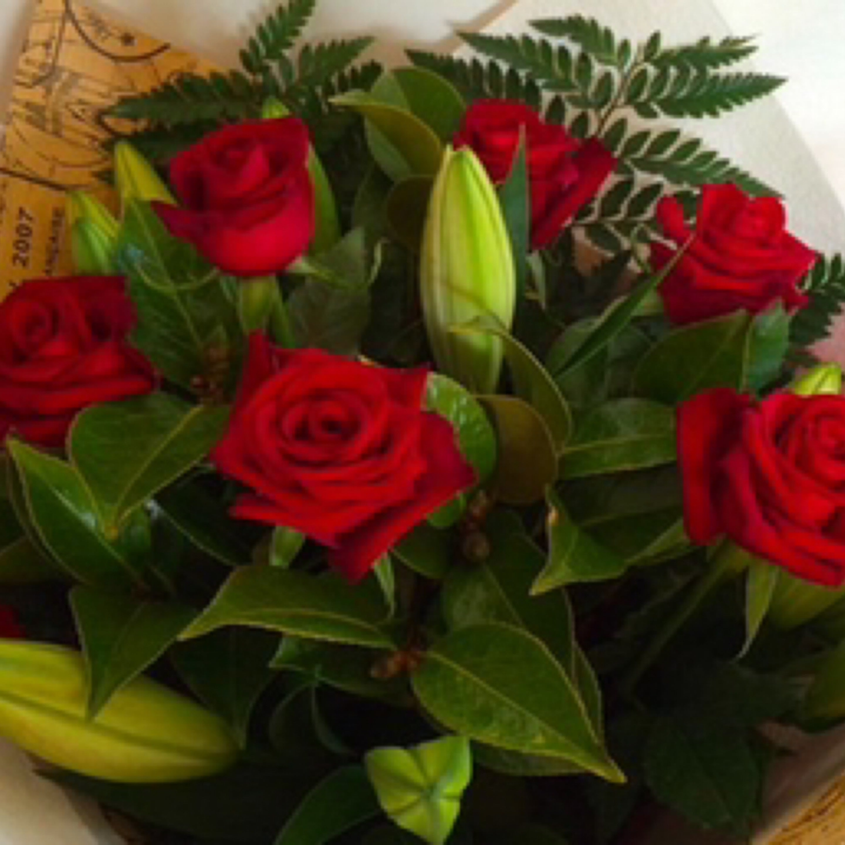 Red roses and Lily bouquet with lush foliage at My Florist Launceston and Metaphysical Launceston