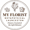 Logo of My Florist Launceston Tasmania and Metaphysical Launceston featuring flowers, crystals, and text.