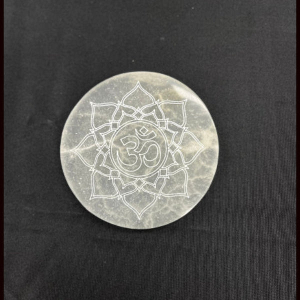 Selenite | Satin Spar Round Charging Plate with Om in Lotus 12cm