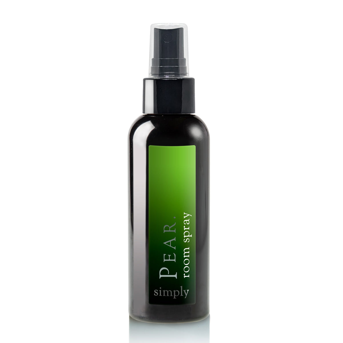 Pear room spray bottle with green label on a white background