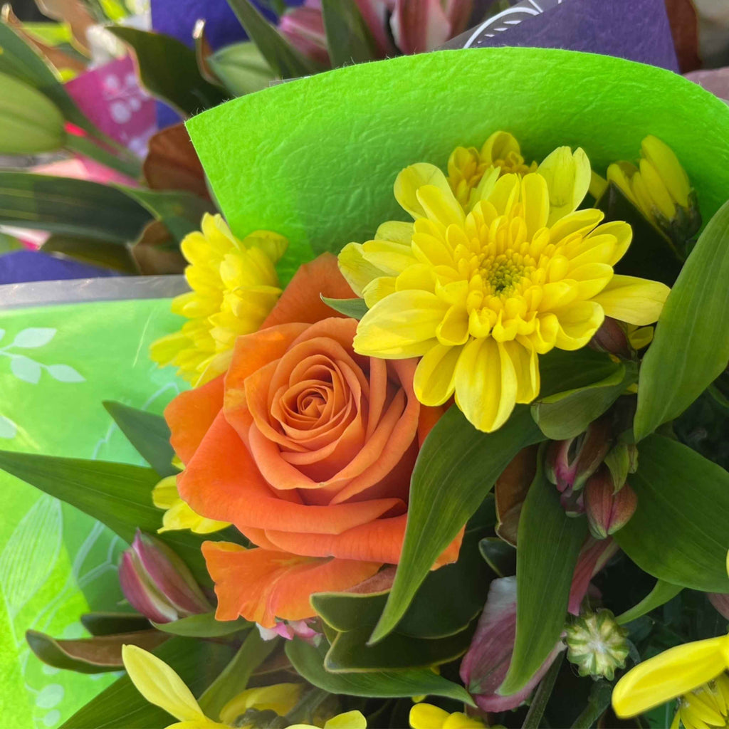 Colourful Blooms and Crystal Posy gift wrapped with crystal tumble stone by My Florist Launceston