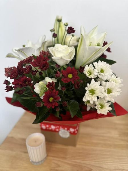 Romantic red and white blooms in a box arrangement at My Florist Launceston