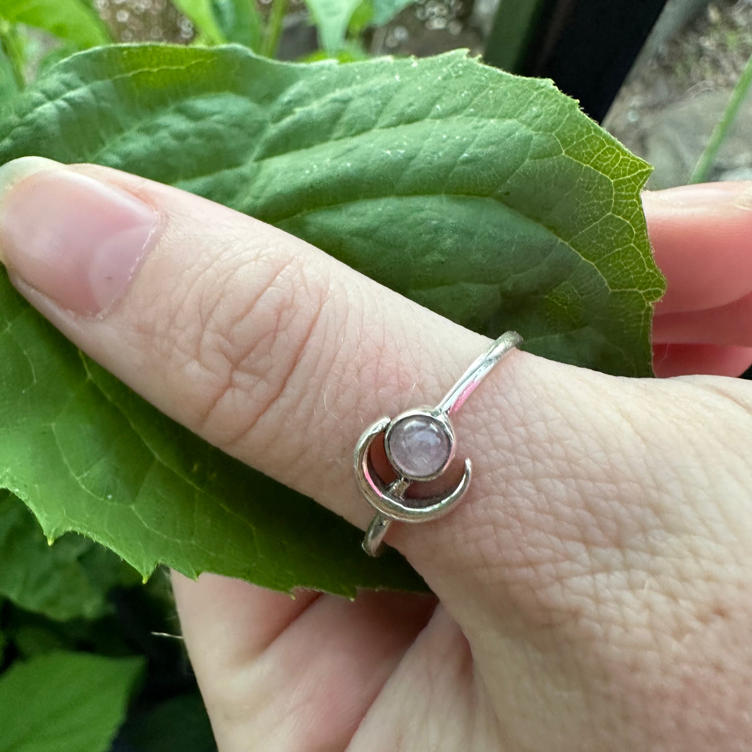 Silver Moon ring with a pink rose quartz stone 