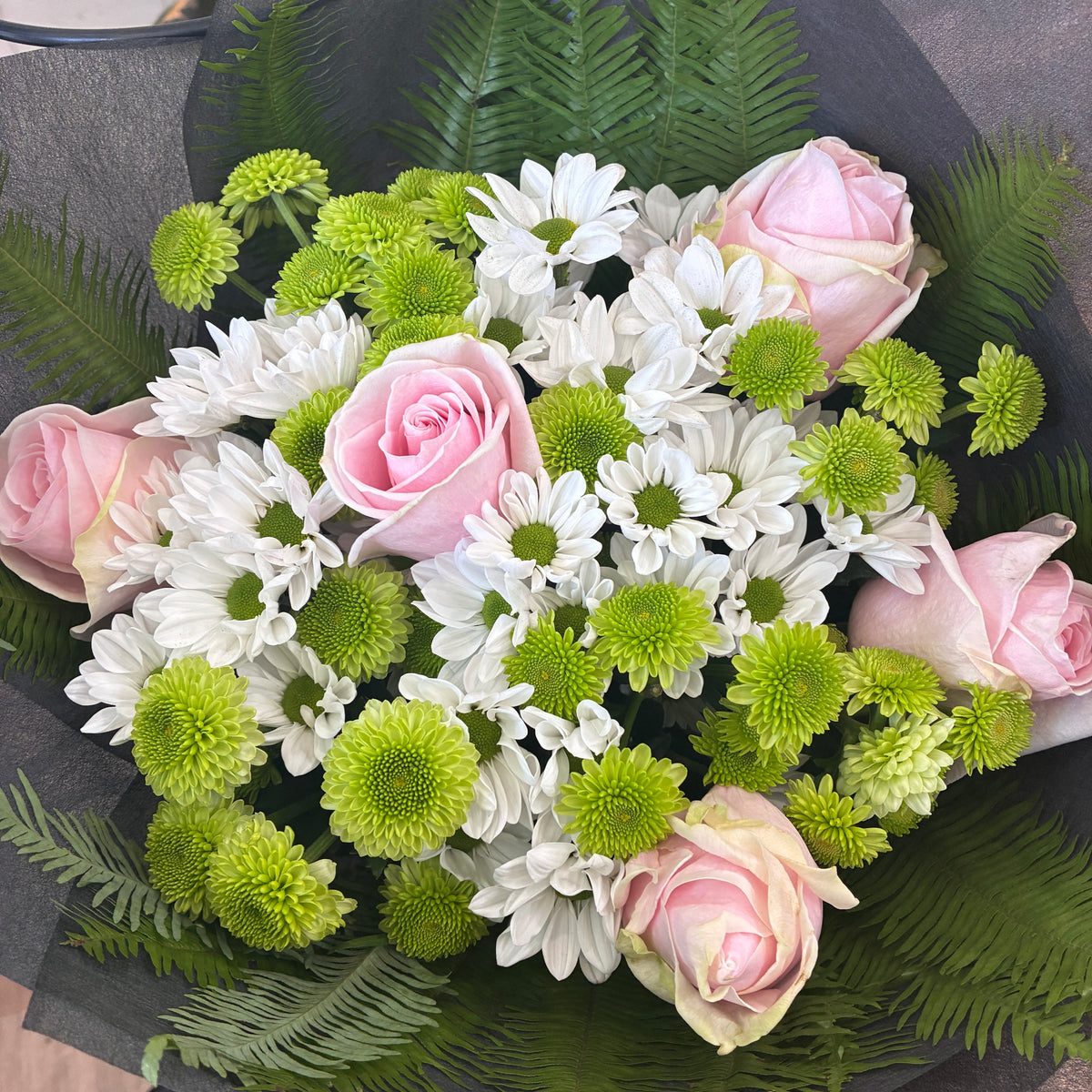 Pastel rose and chrysanthemum flower bouquet available for Launceston flower deliveries.