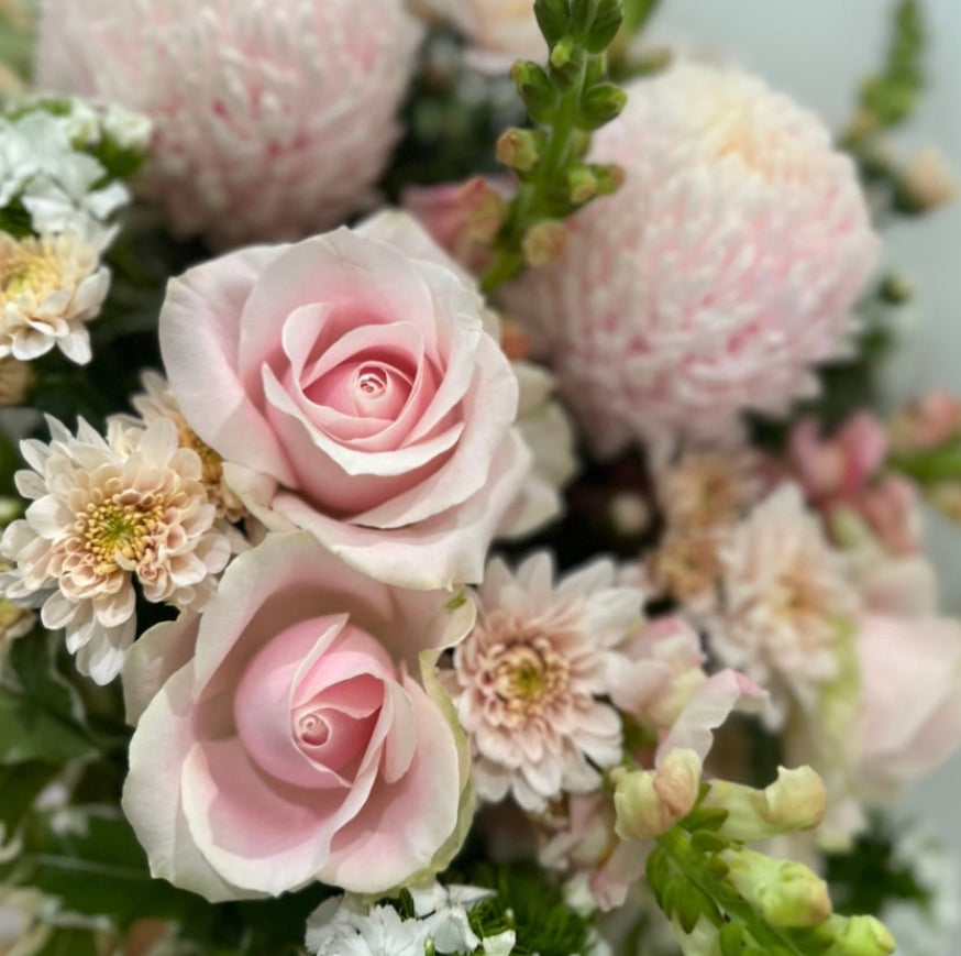 Pastel rose and disbud flower bouquet available for local Launceston flower delivery.