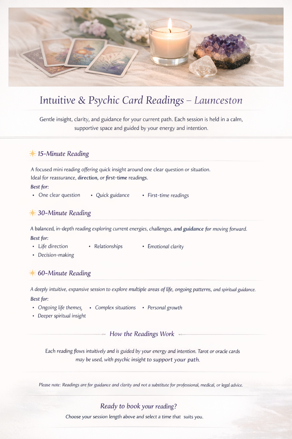 Promotional flyer for intuitive and psychic card readings in Launceston with a candle and crystals on a table.