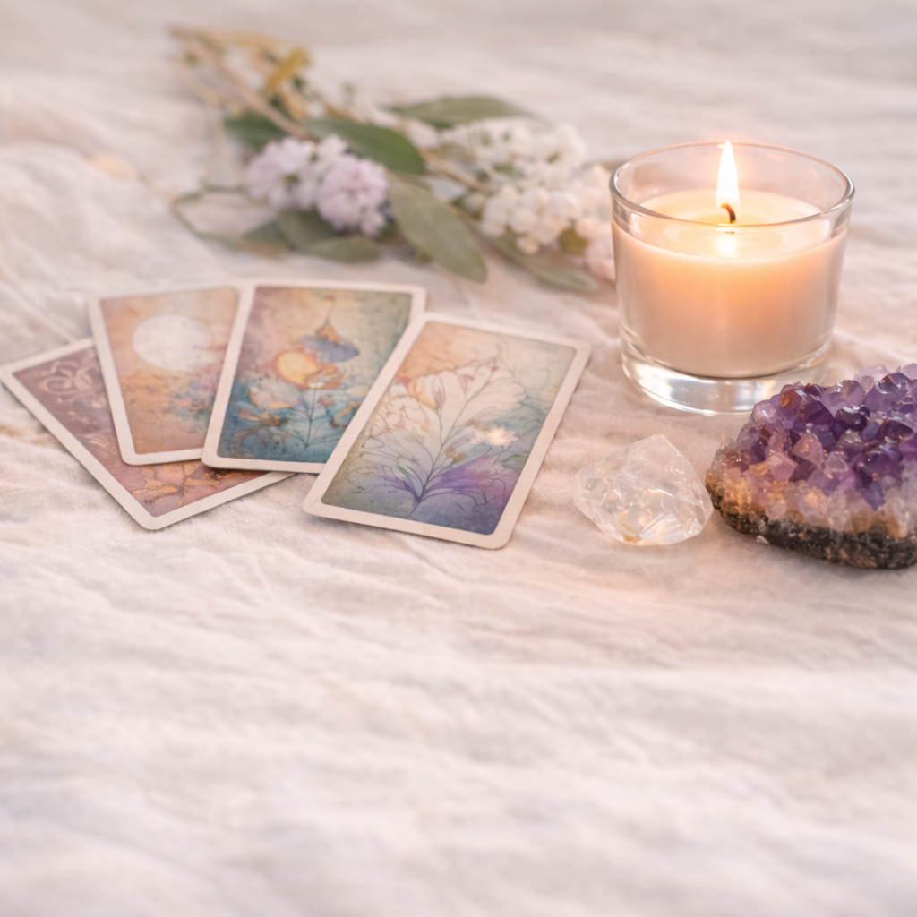 Tarot cards, candle, and crystals on a soft surface
