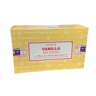 Box of Satya Vanilla Incense on a white background