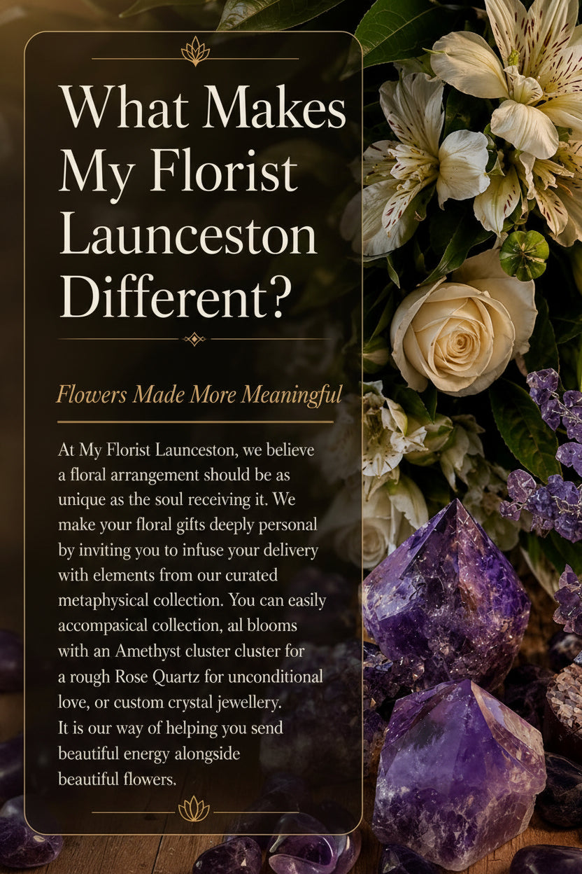 Details of What Makes My Florist Different alongside a floral bunch of cream roses with greenery & various amethyst stones