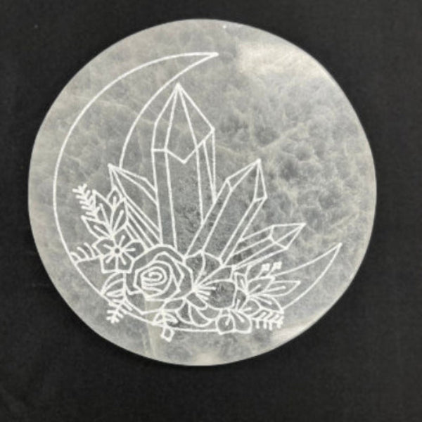 Selenite | Satin Spar Round Charging Plate with Moon & Rose