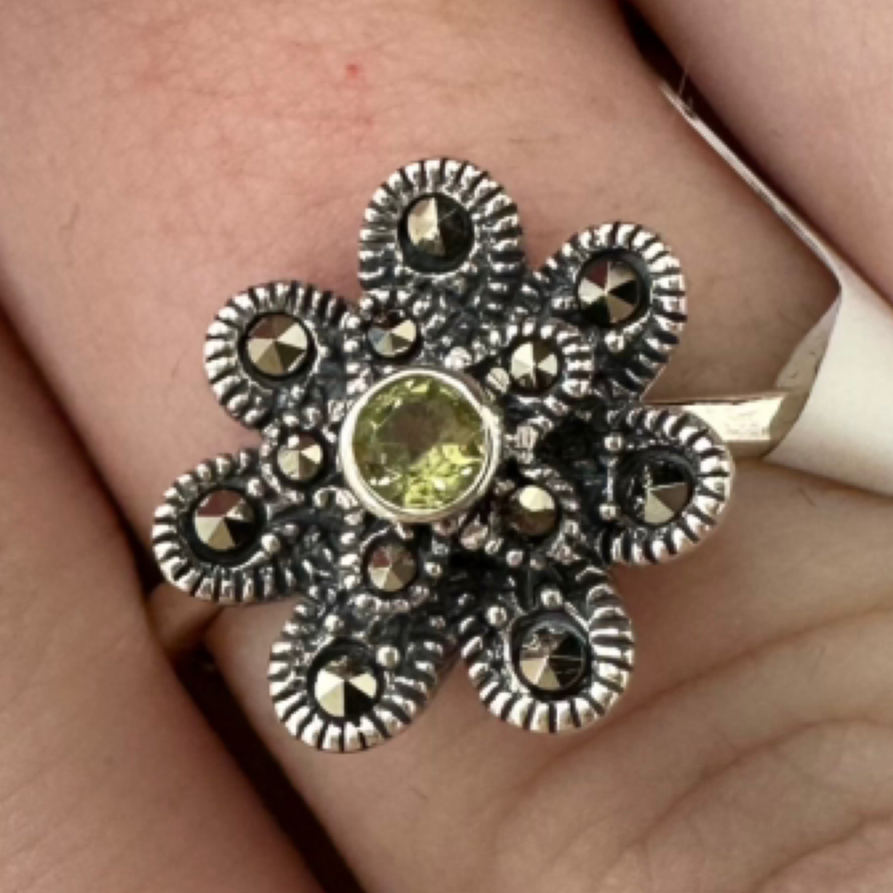 Peridot Marcasite Ring Size 9