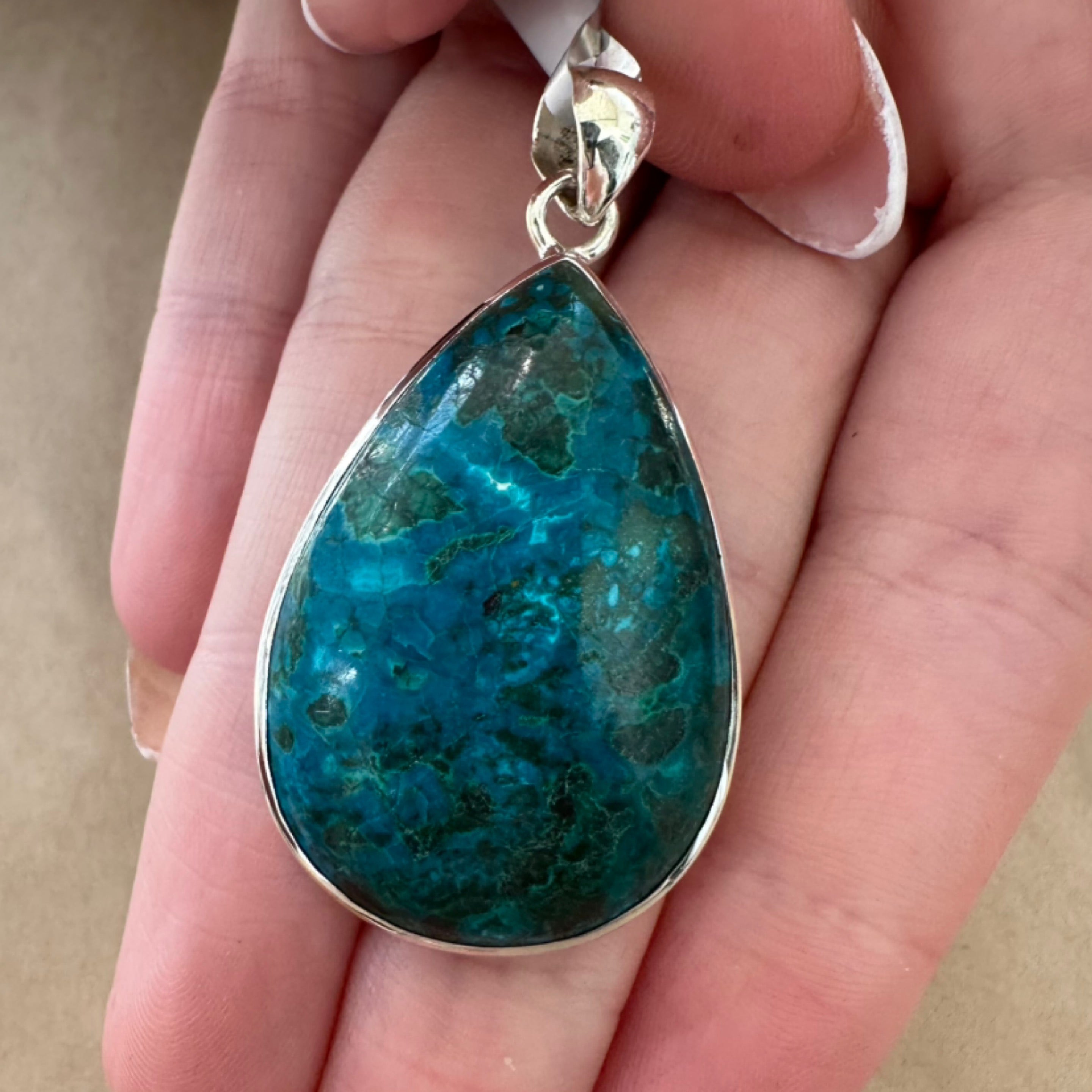 Malachite and Azurite Teardrop Sterling Silver Pendant