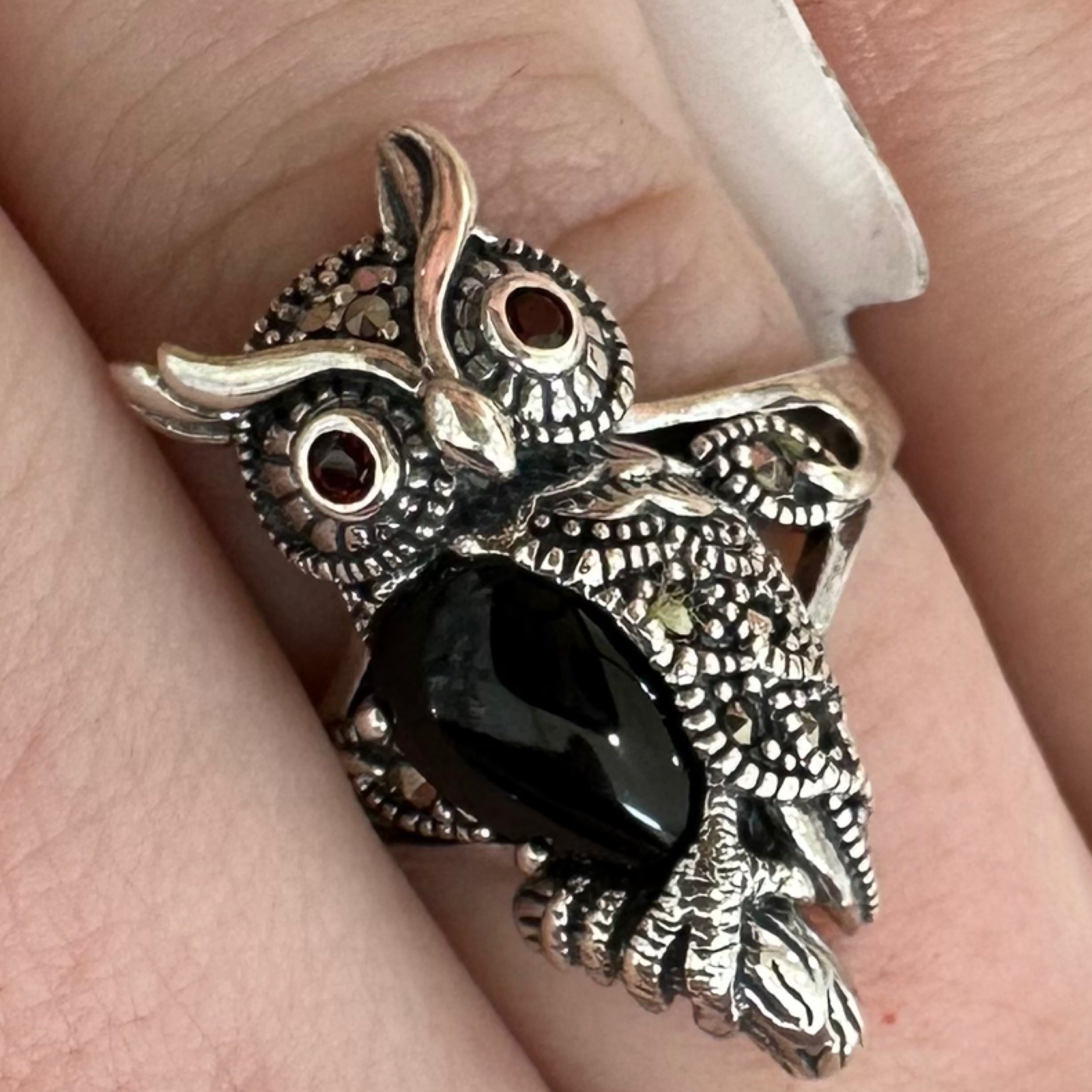 Black Onyx Owl Marcasite Ring Size 8