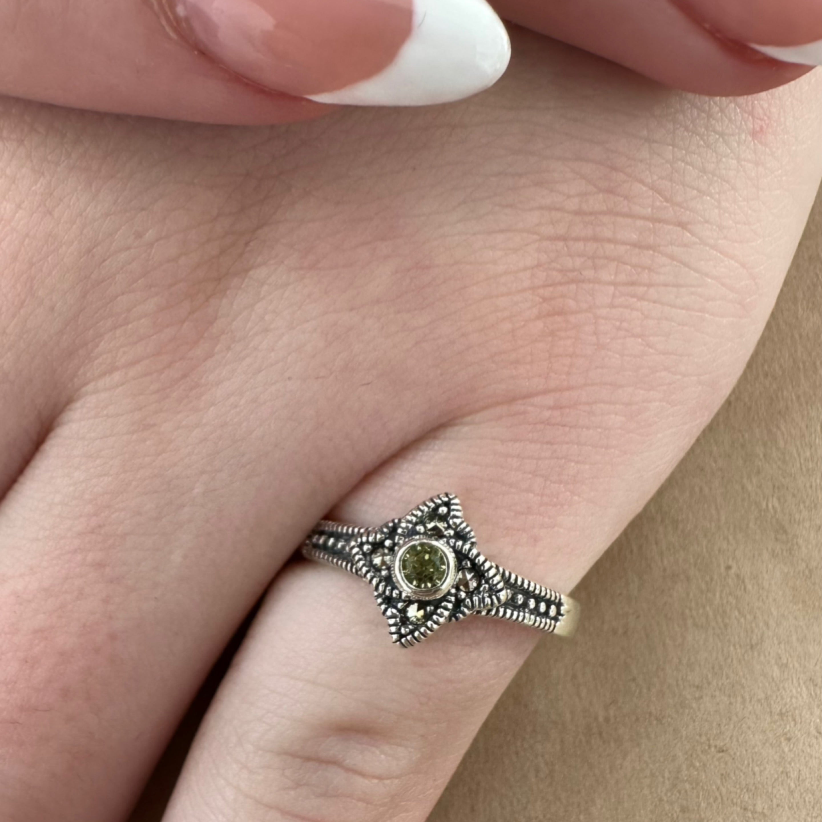 Peridot Marcasite Ring Size 7