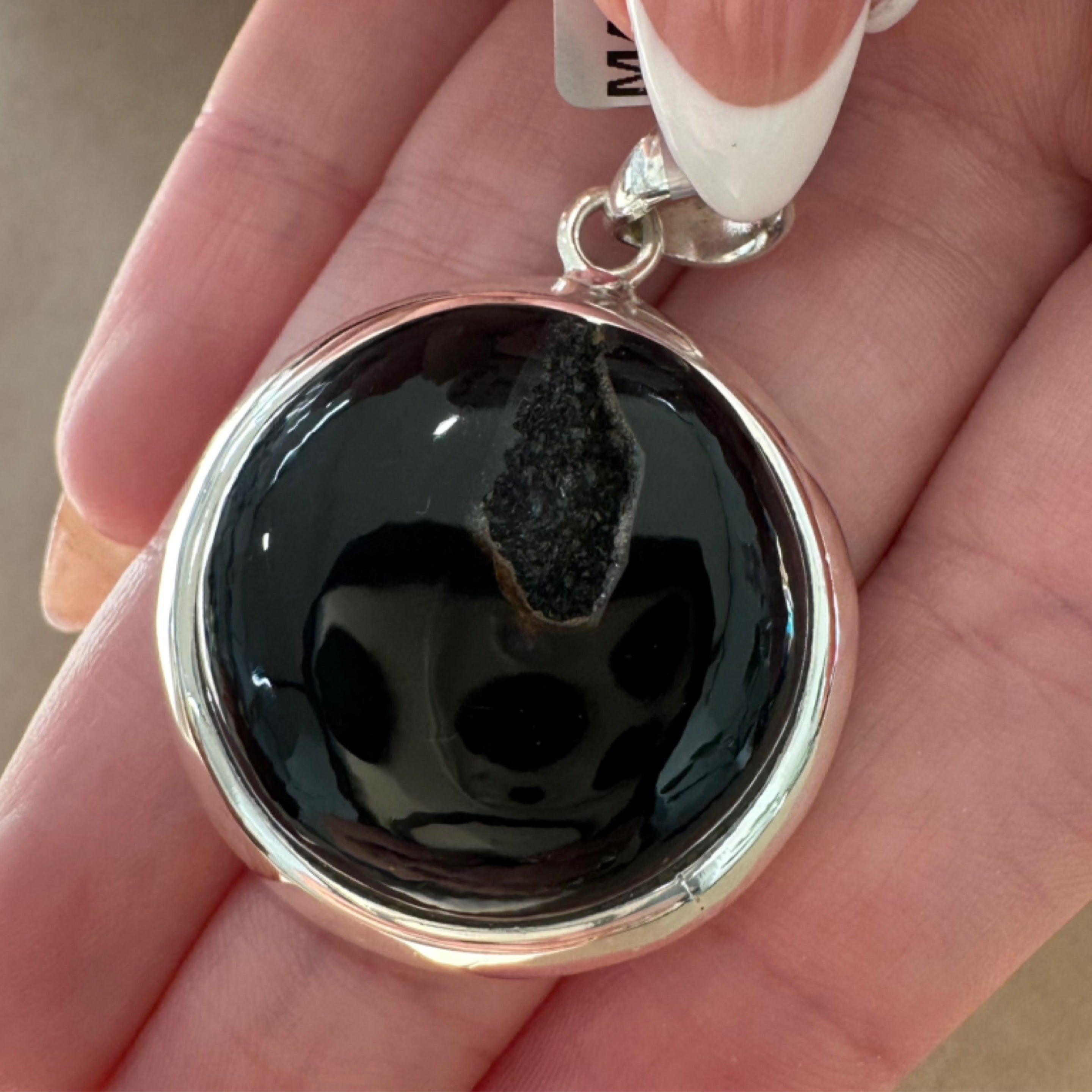 Black Onyx Druzy Round Sterling Silver Pendant