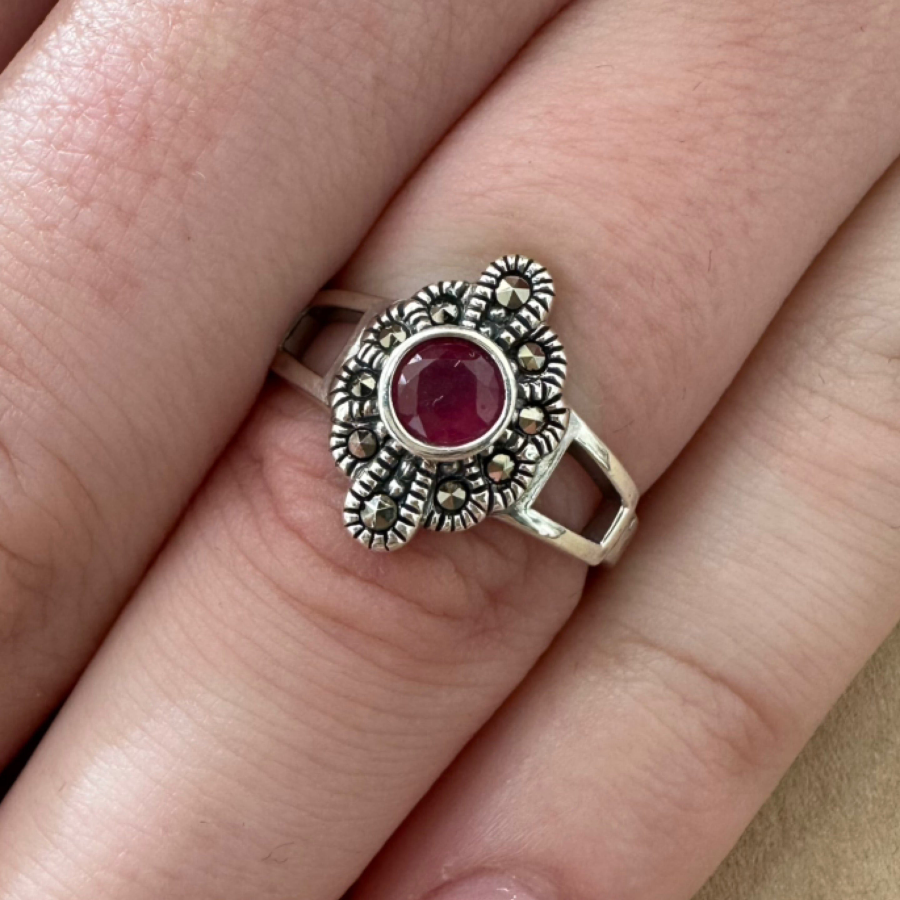 Ruby Marcasite Ring Size 7